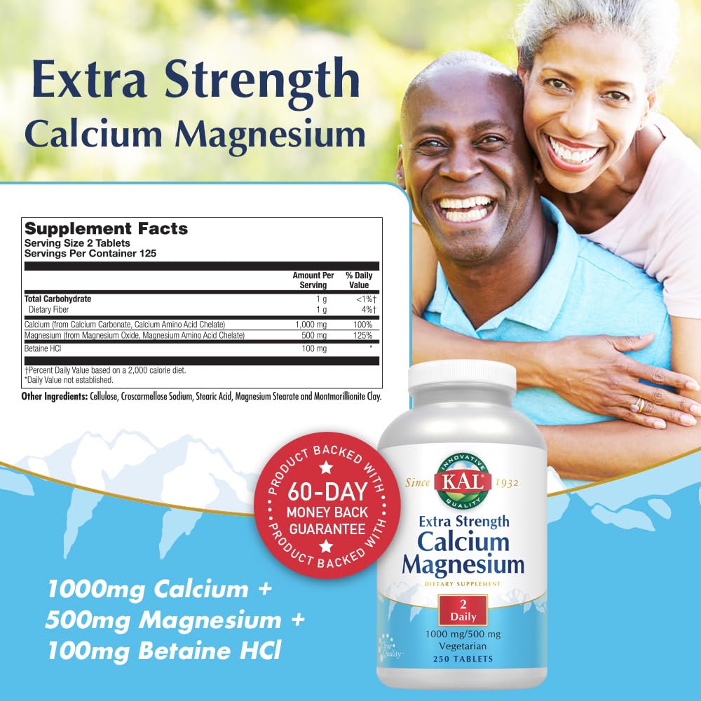 Close-up of calcium and magnesium supplement bottle label