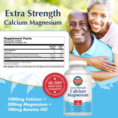 Close-up of calcium and magnesium supplement bottle label