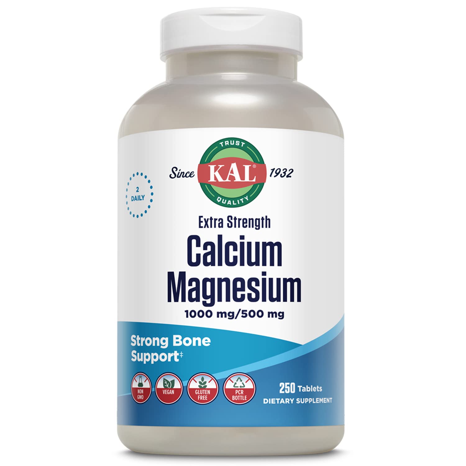 KAL Extra Strength Calcium Magnesium bottle-front view highlighting bone and teeth support