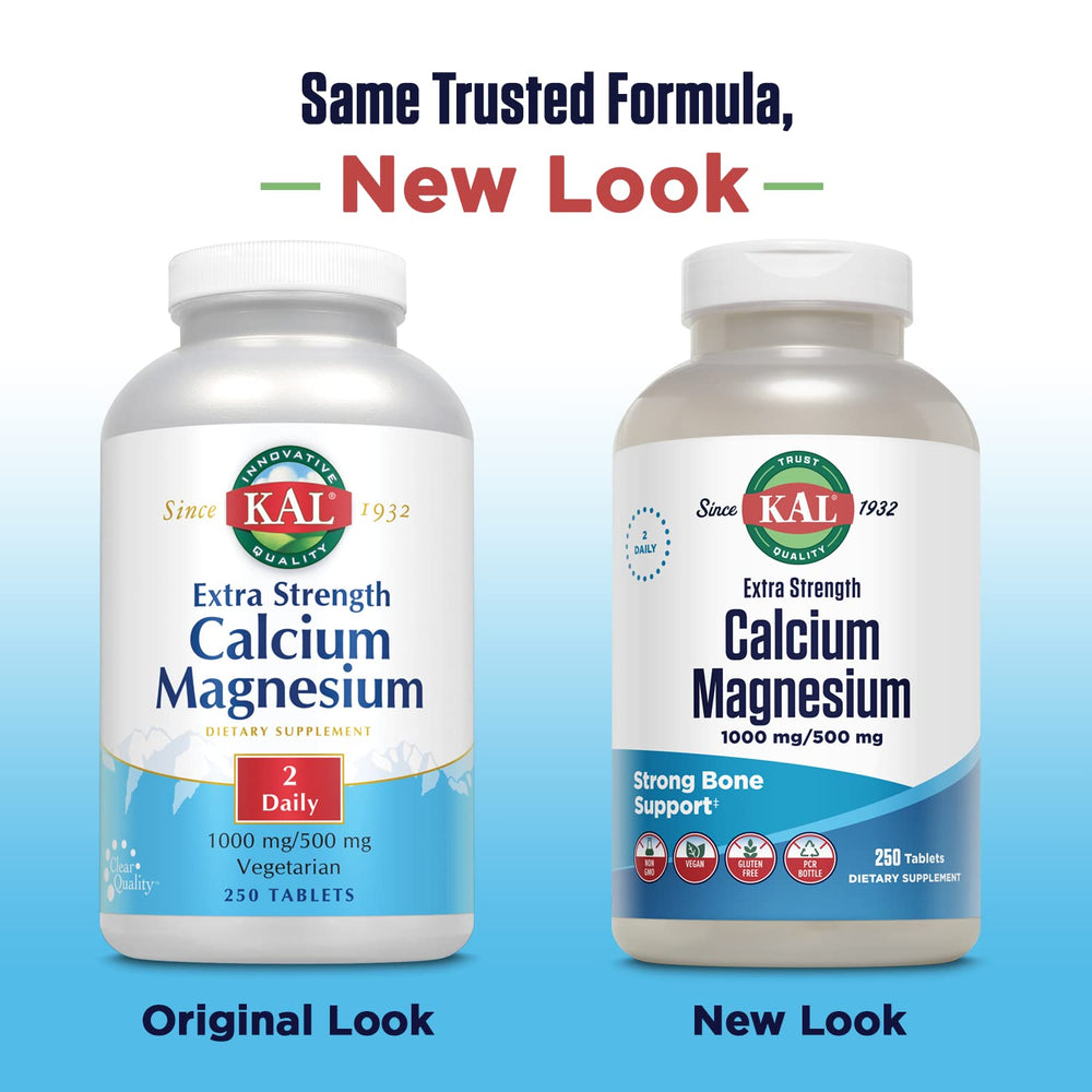 KAL product label on calcium magnesium tablets with dosage and ingredient highlights for digestion and heart health