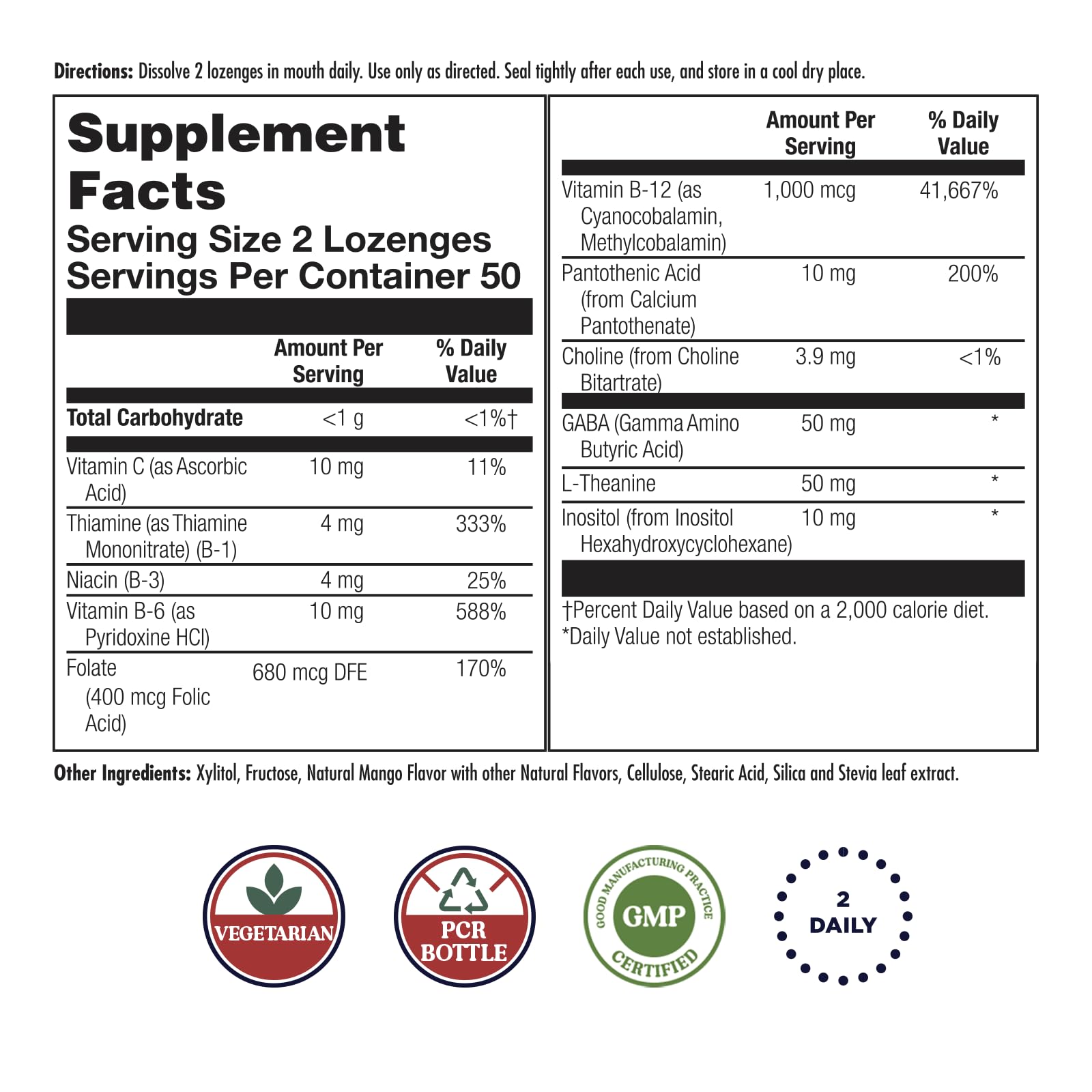 Ingredients panel for KAL GABA L-Theanine Stress B Lozenge