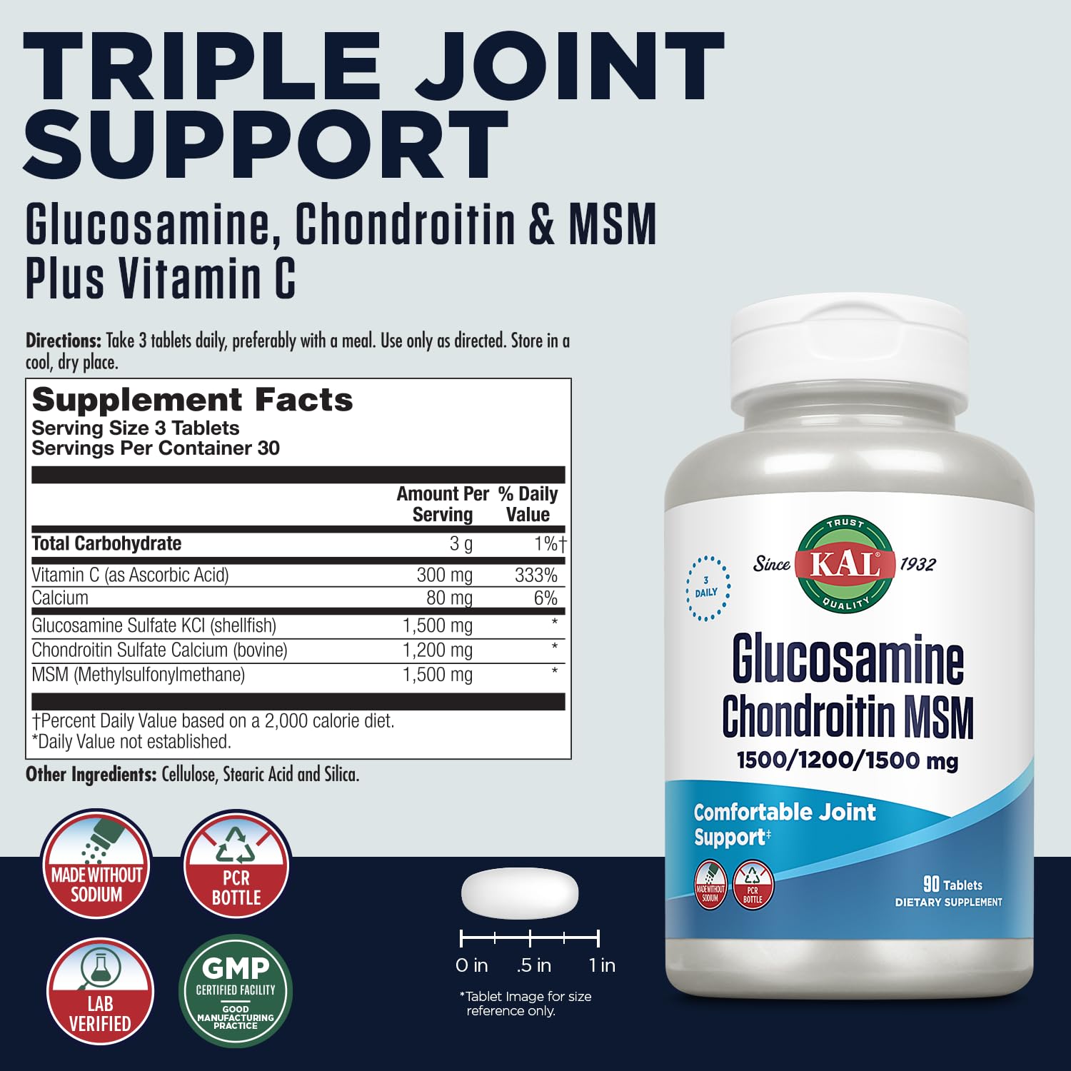 Front view of KAL Glucosamine Chondroitin MSM bottle