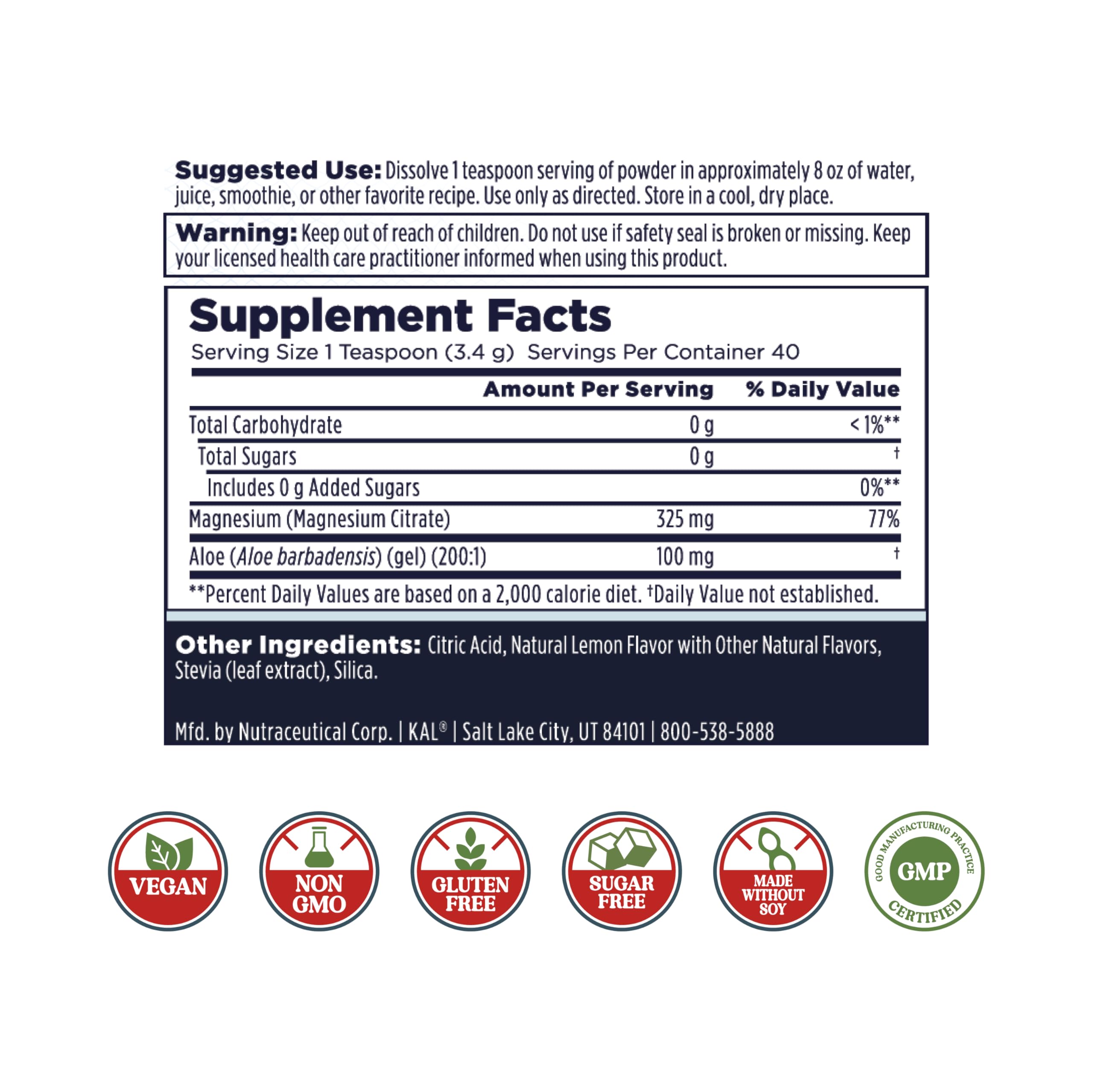 Back label of KAL Gut Magnesium Plus Aloe Vera powder with ingredients