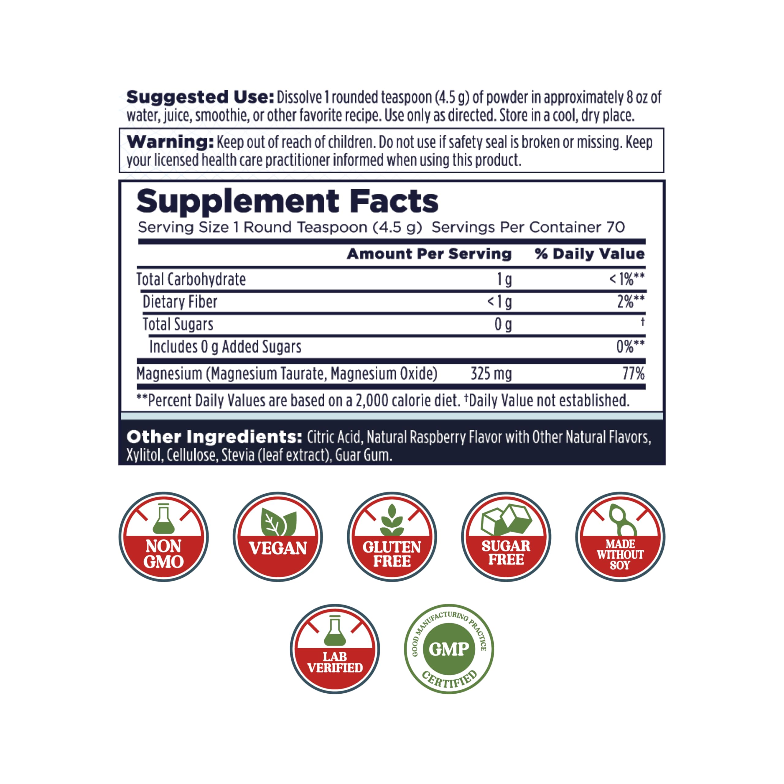 Package label highlighting vegan, non-GMO, gluten-free and sugar-free attributes