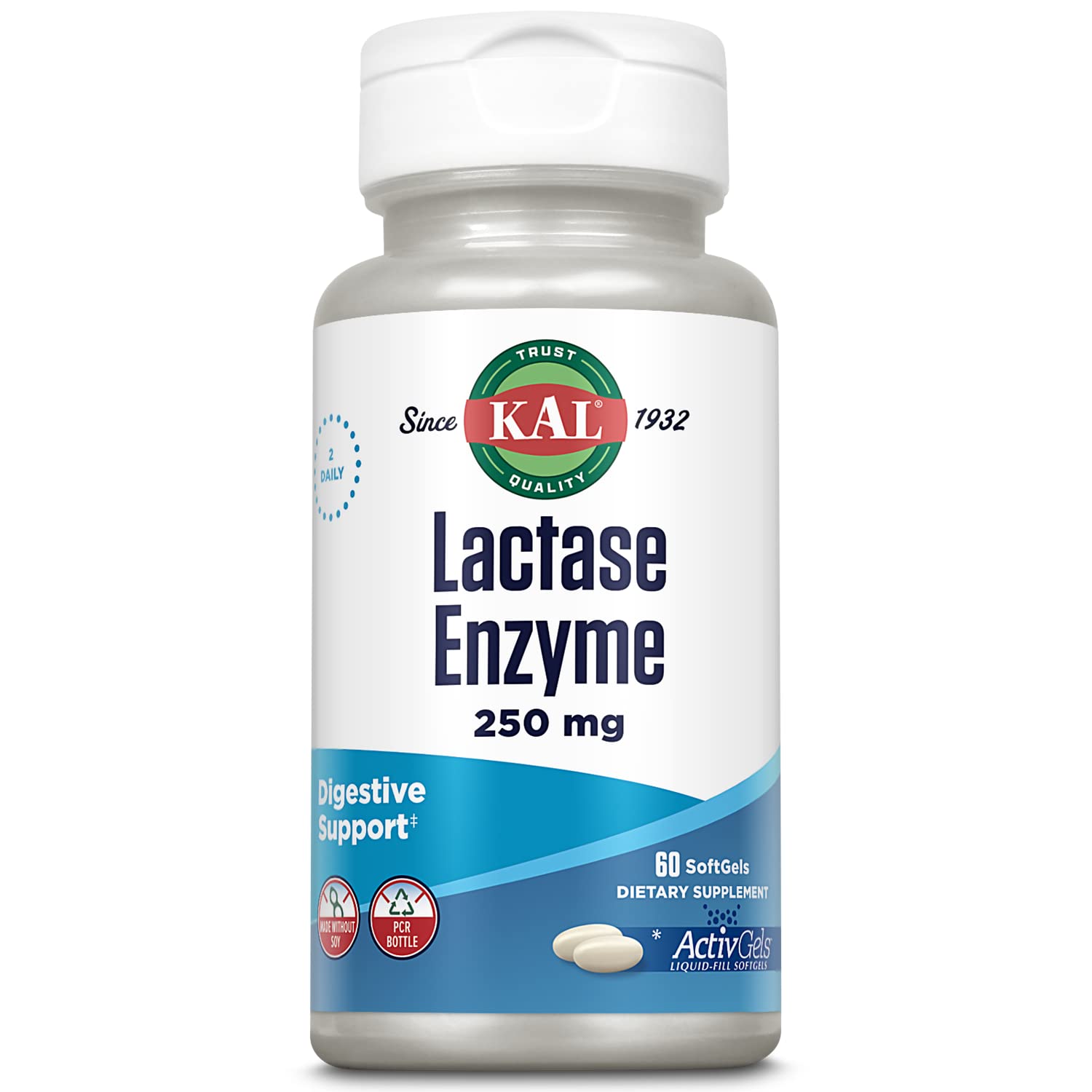 Front view of KAL Lactase Enzyme 250 mg bottle