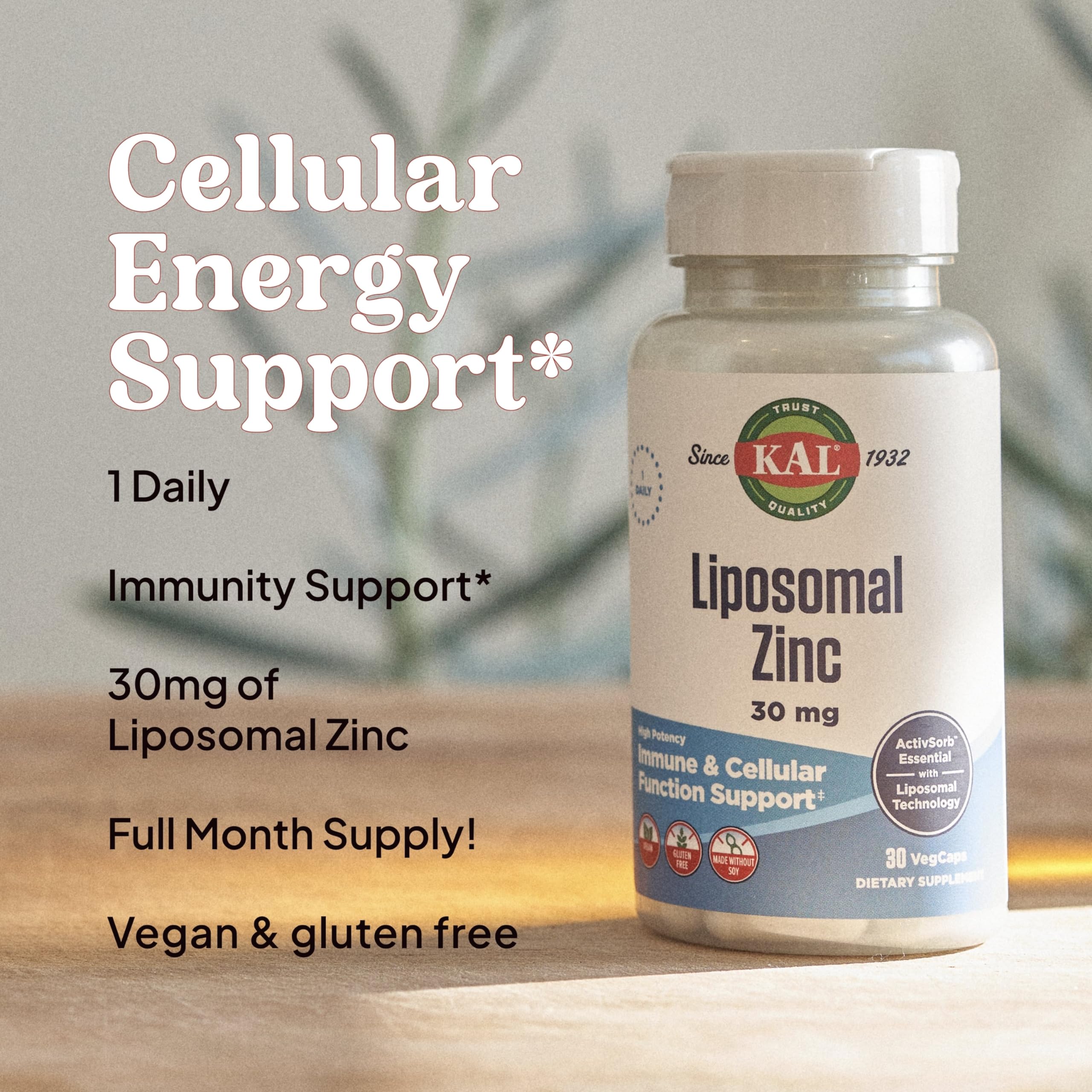 Serving size and dosage illustration for KAL Liposomal Zinc 30mg