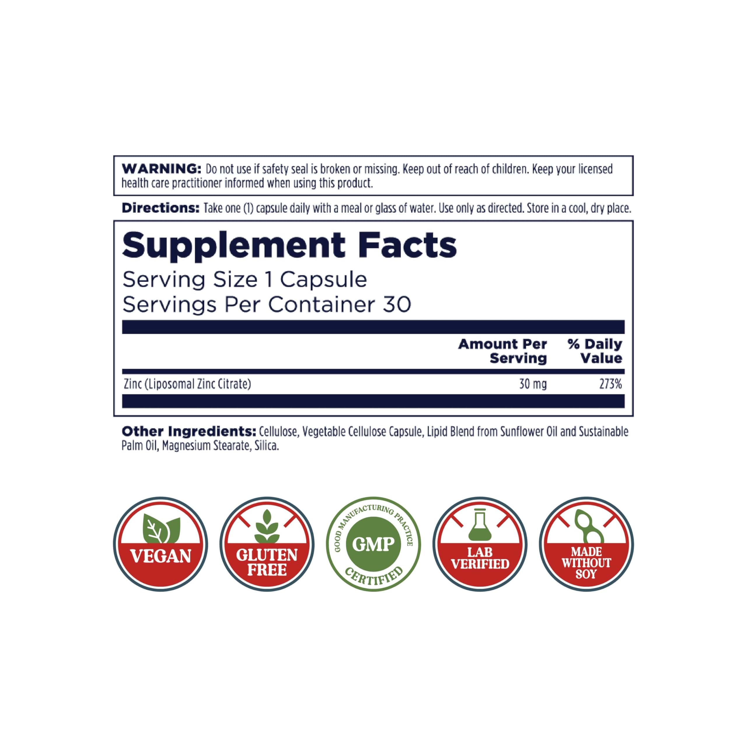 Nutritional label for KAL Liposomal Zinc 30mg