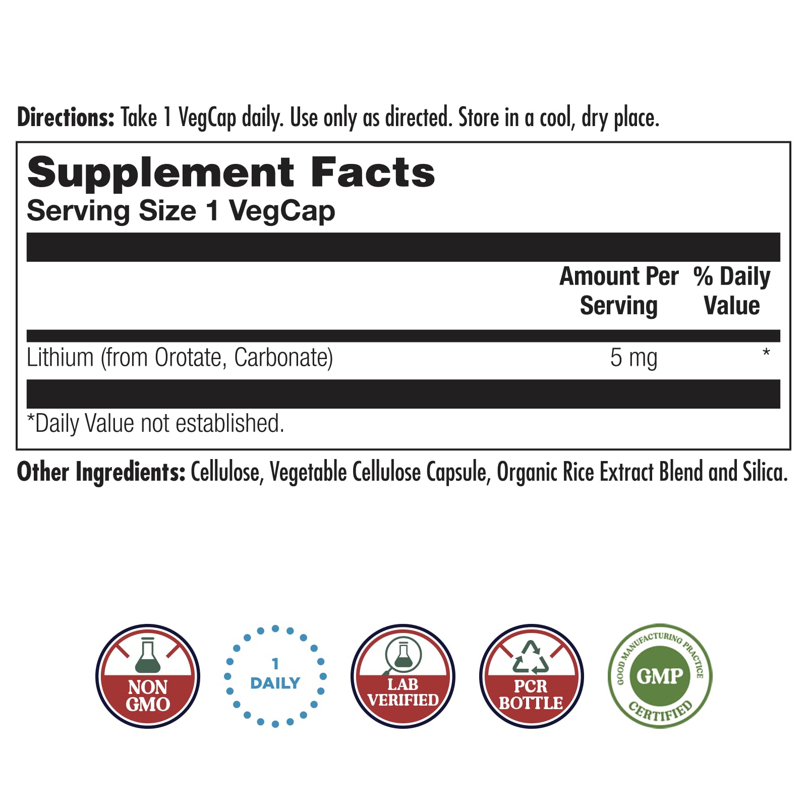 KAL Lithium Orotate 5 mg VegCaps bottle back with label