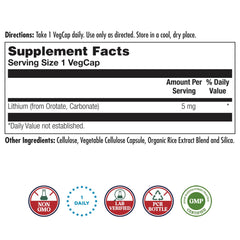 KAL Lithium Orotate 5 mg VegCaps bottle back with label