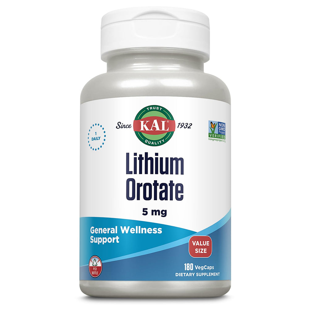 Front view of KAL Lithium Orotate 5mg VegCaps bottle