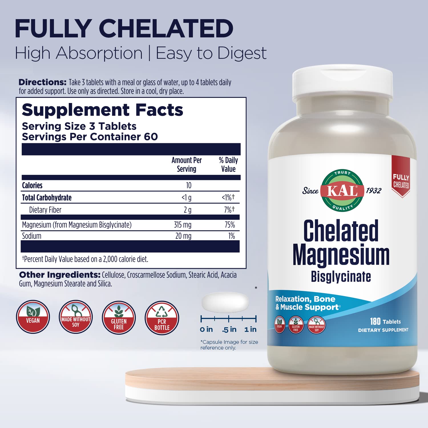 Three-tablet serving showing 315 mg magnesium bisglycinate