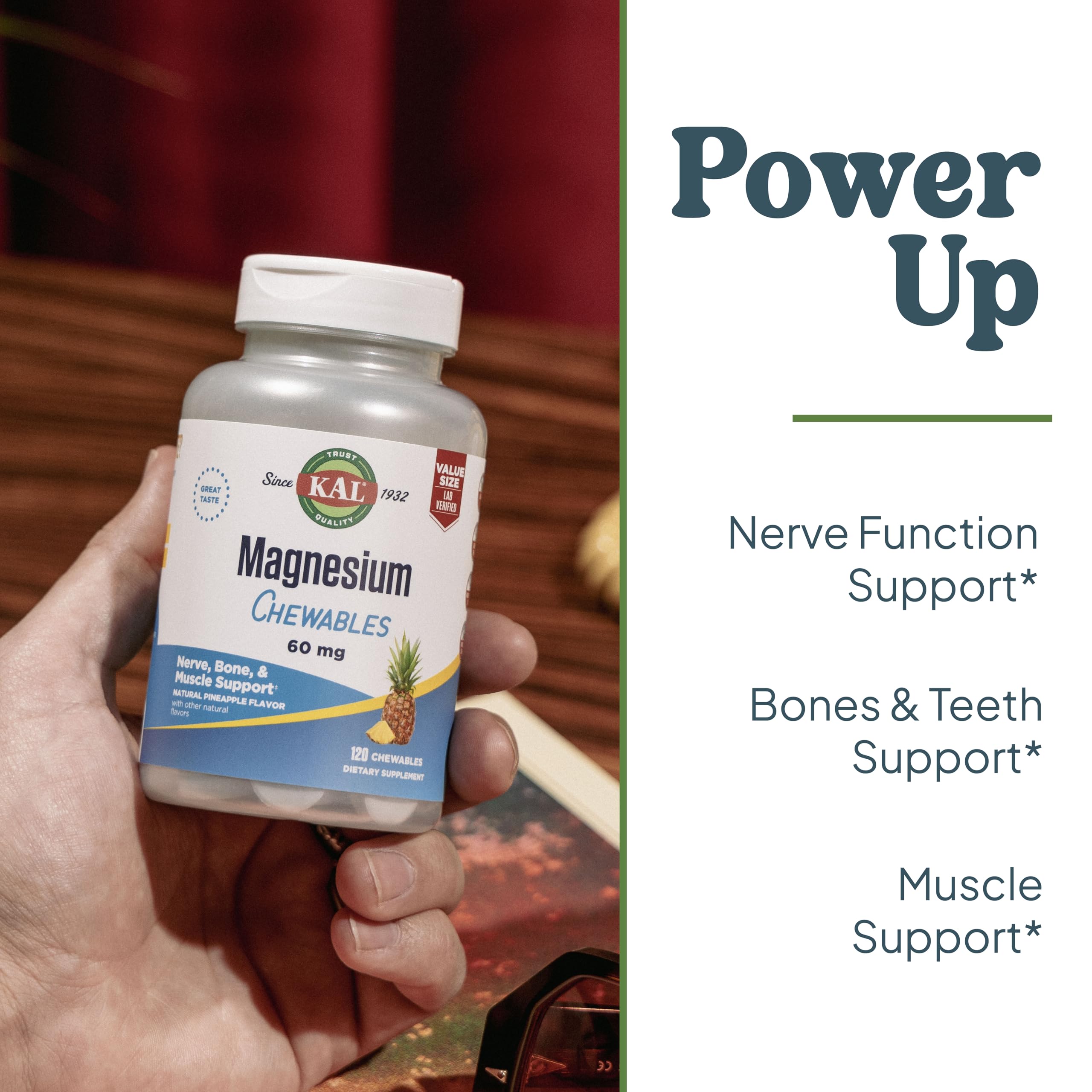 Front bottle shot of KAL Magnesium Chewables pineapple flavor