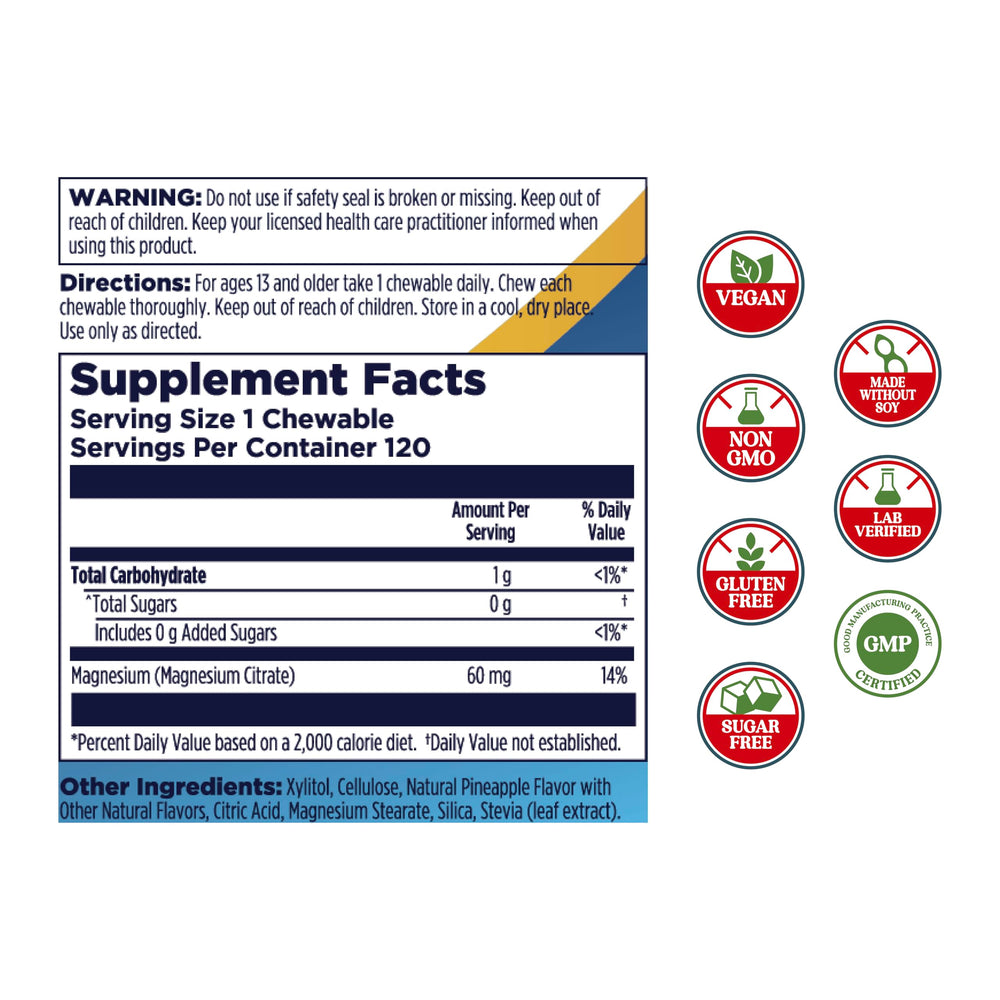 KAL Magnesium Chewables pineapple flavor chews with packaging