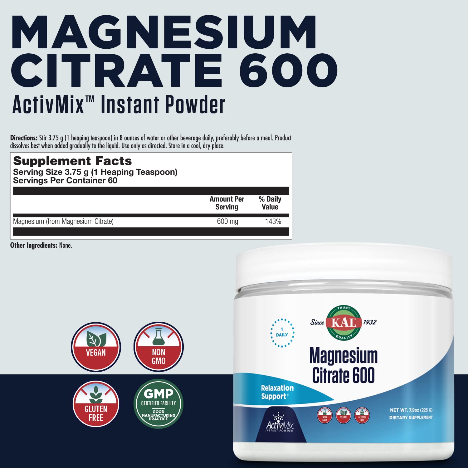 Front label of KAL Magnesium Citrate ActivMix Instant Powder