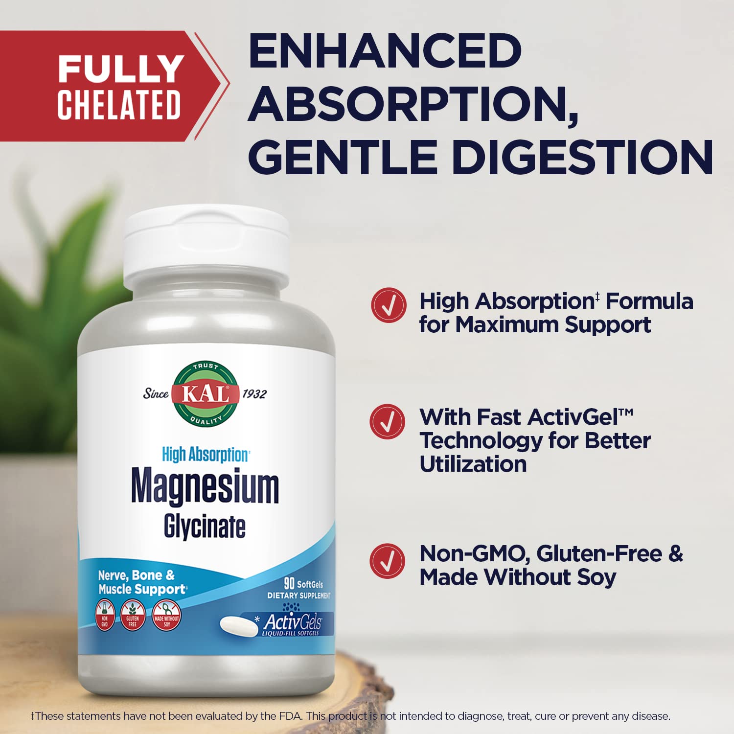 Non-GMO and gluten-free labeling on KAL Magnesium Glycinate
