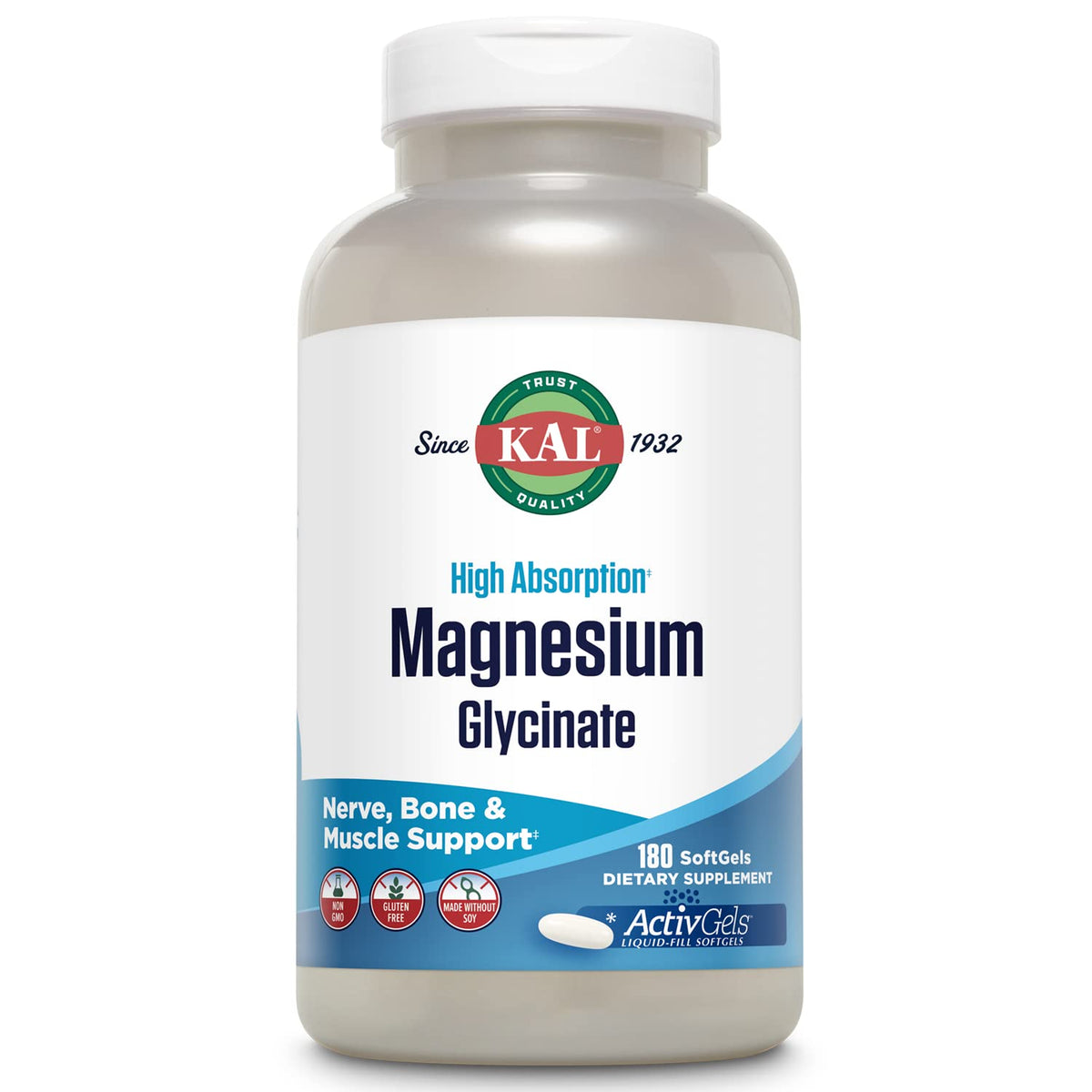 Front view of KAL Magnesium Glycinate ActivGels bottle with label