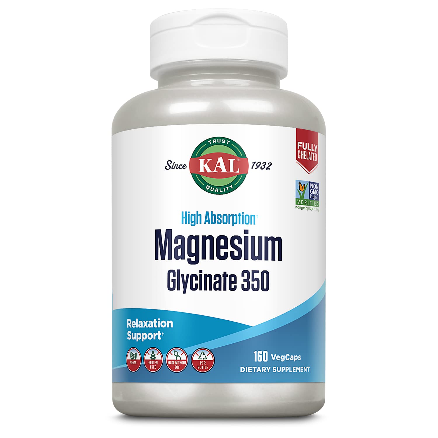 KAL Magnesium Glycinate Capsules bottle label showcasing 160 count
