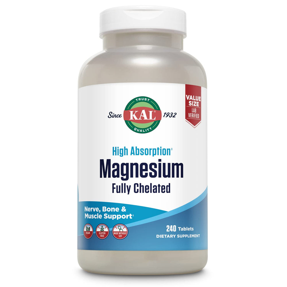 KAL Magnesium Glycinate tablets bottle on white background