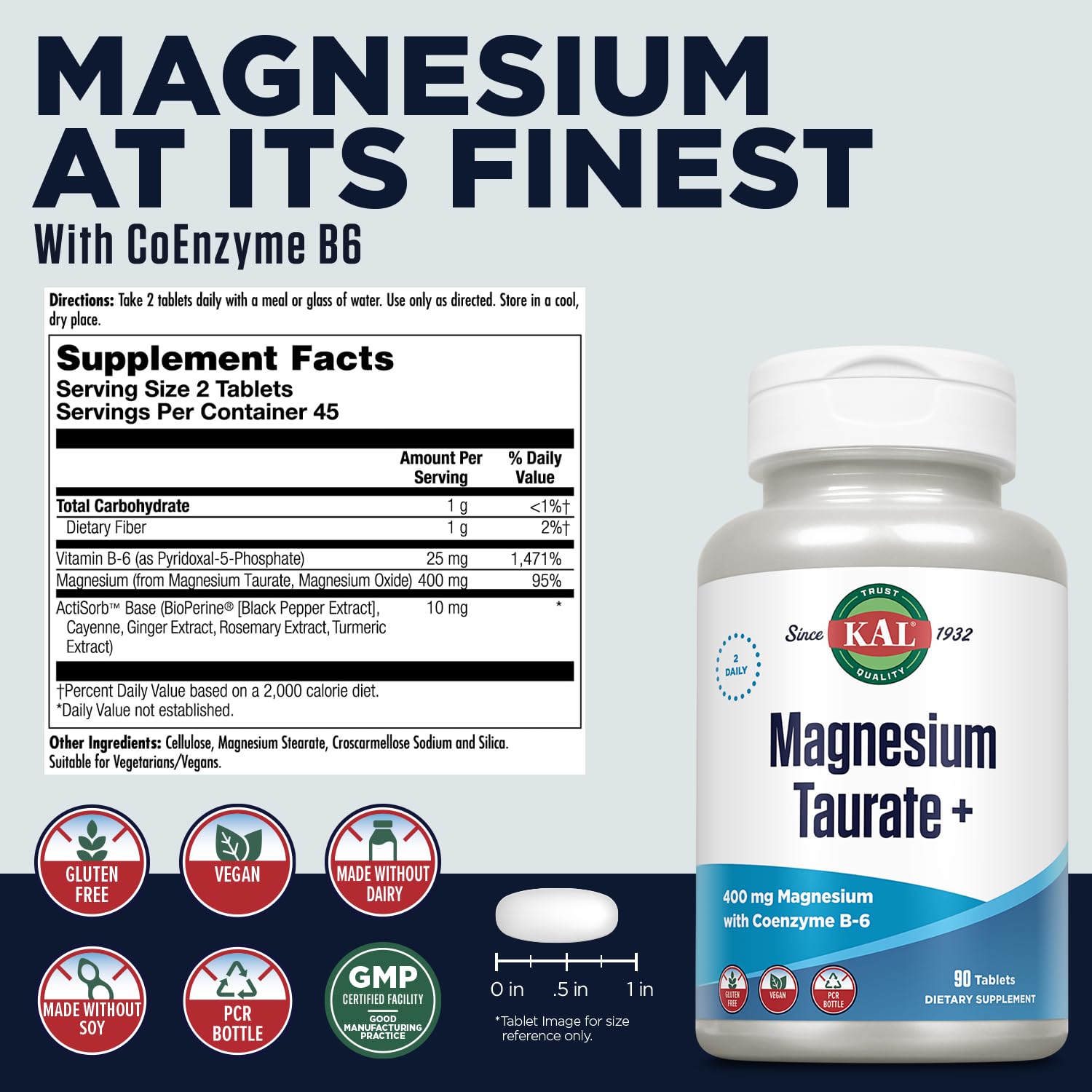 Back label showing supplement facts for KAL Magnesium Taurate 400mg + Vitamin B6