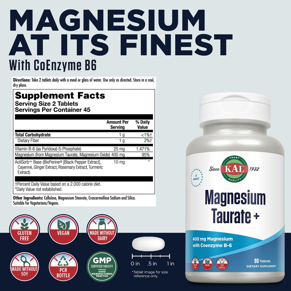Back label showing supplement facts for KAL Magnesium Taurate 400mg + Vitamin B6