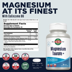 Back label showing supplement facts for KAL Magnesium Taurate 400mg + Vitamin B6