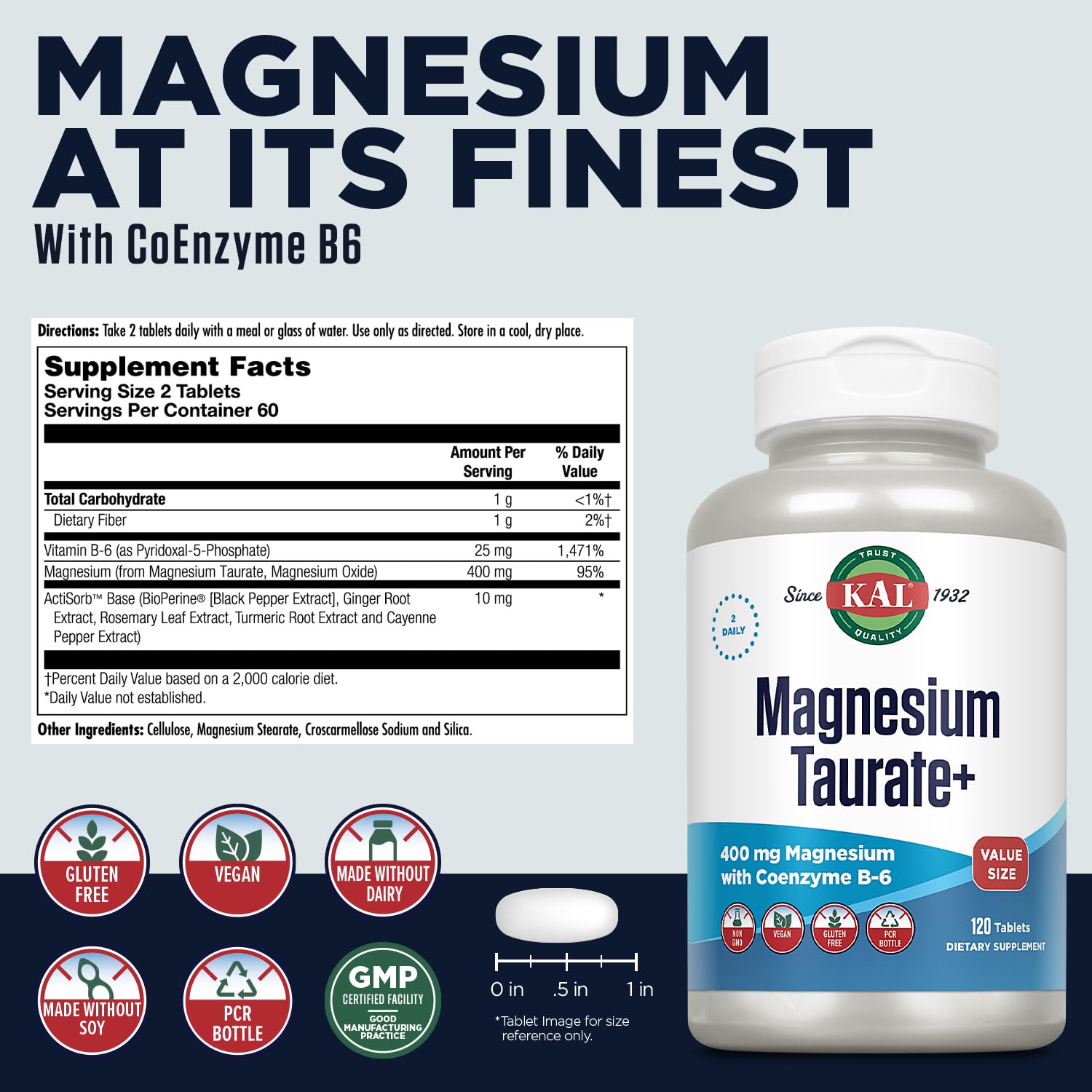 Product label for KAL Magnesium Taurate 400mg Plus Vitamin B6