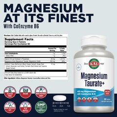 Product label for KAL Magnesium Taurate 400mg Plus Vitamin B6