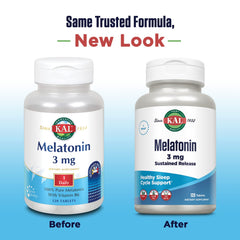 Close-up of KAL Melatonin bottle and label showing extended-release features