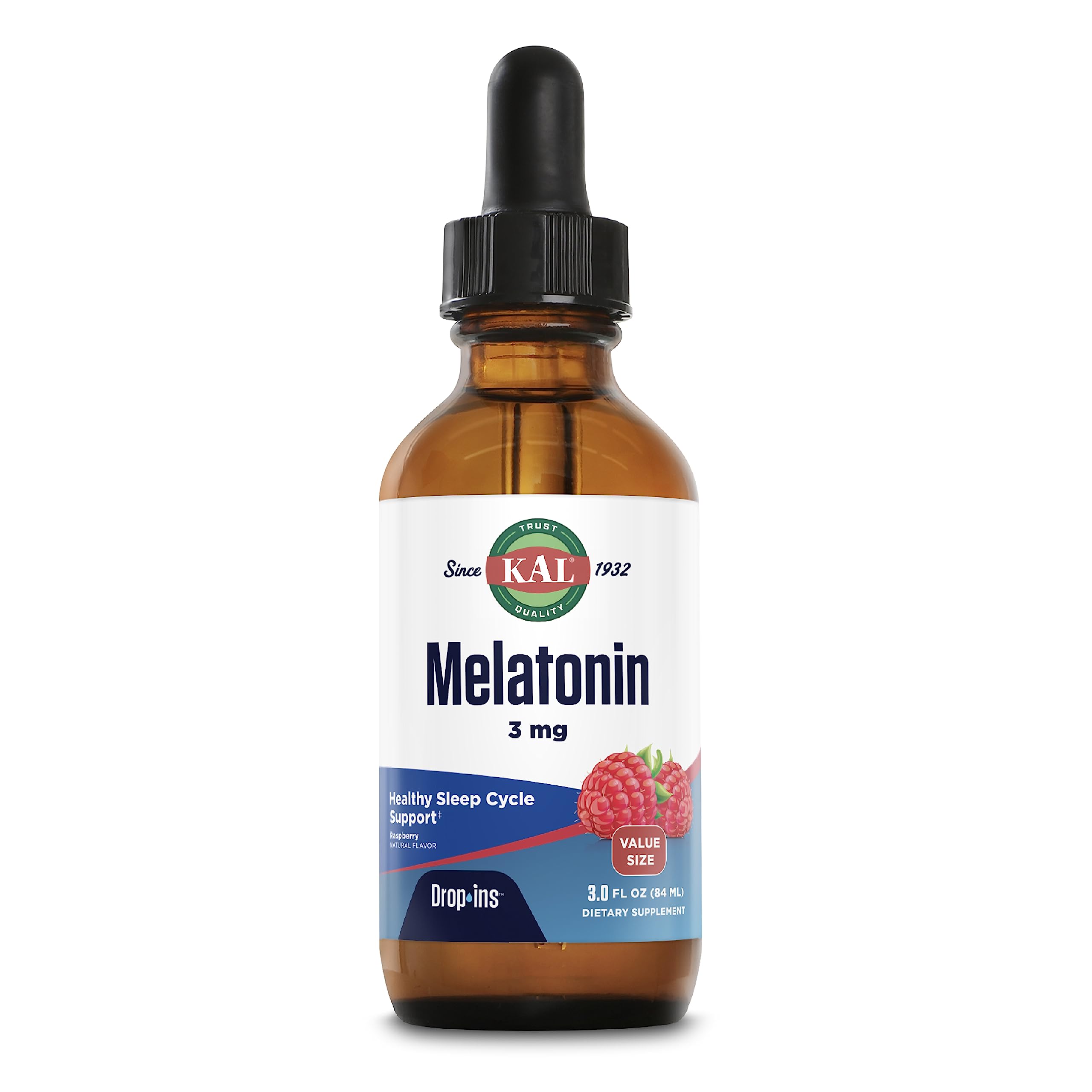 KAL Melatonin 3mg DropIns bottle label with Raspberry Flavor