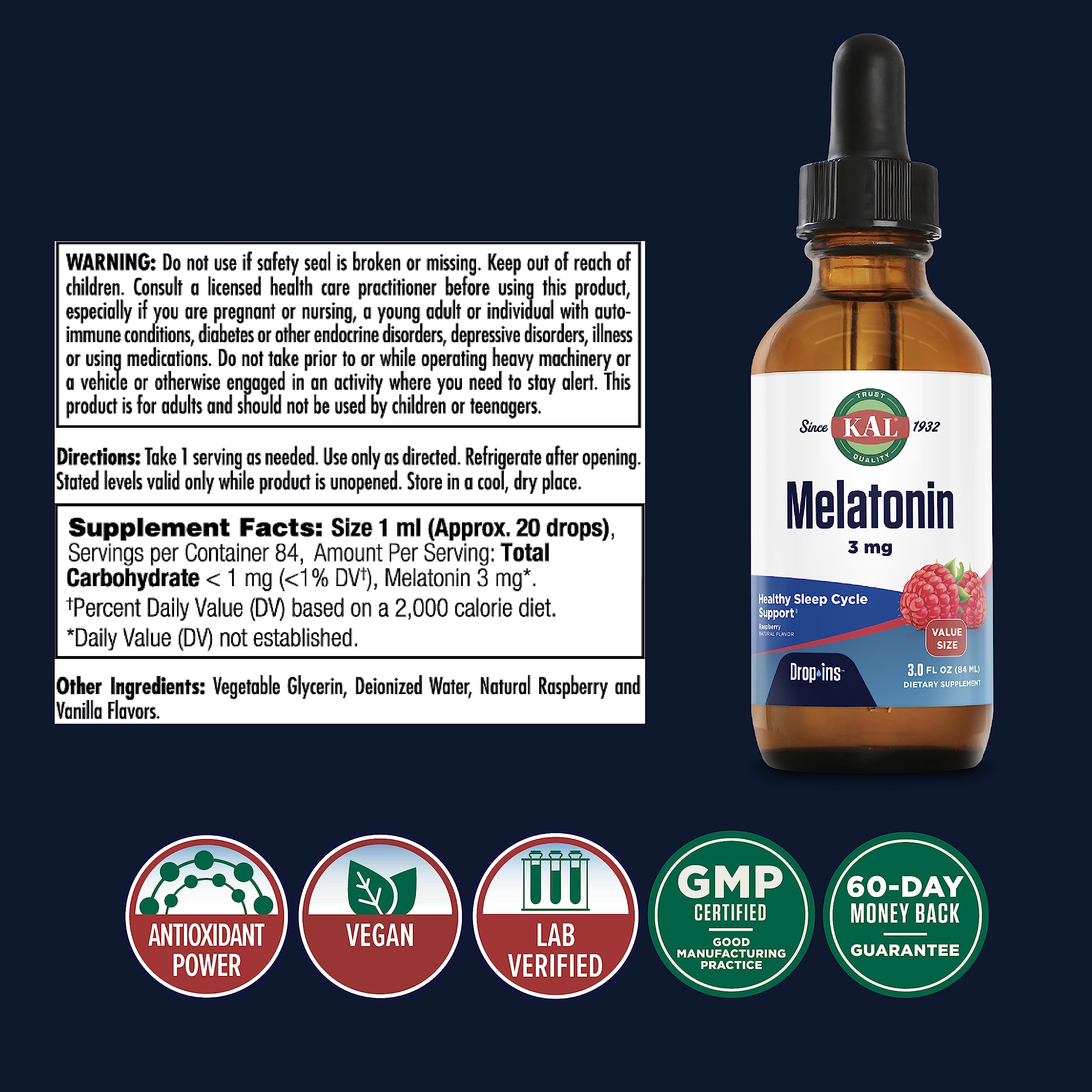 Close-up of Melatonin DropIns bottle label showing 3 mg per serving
