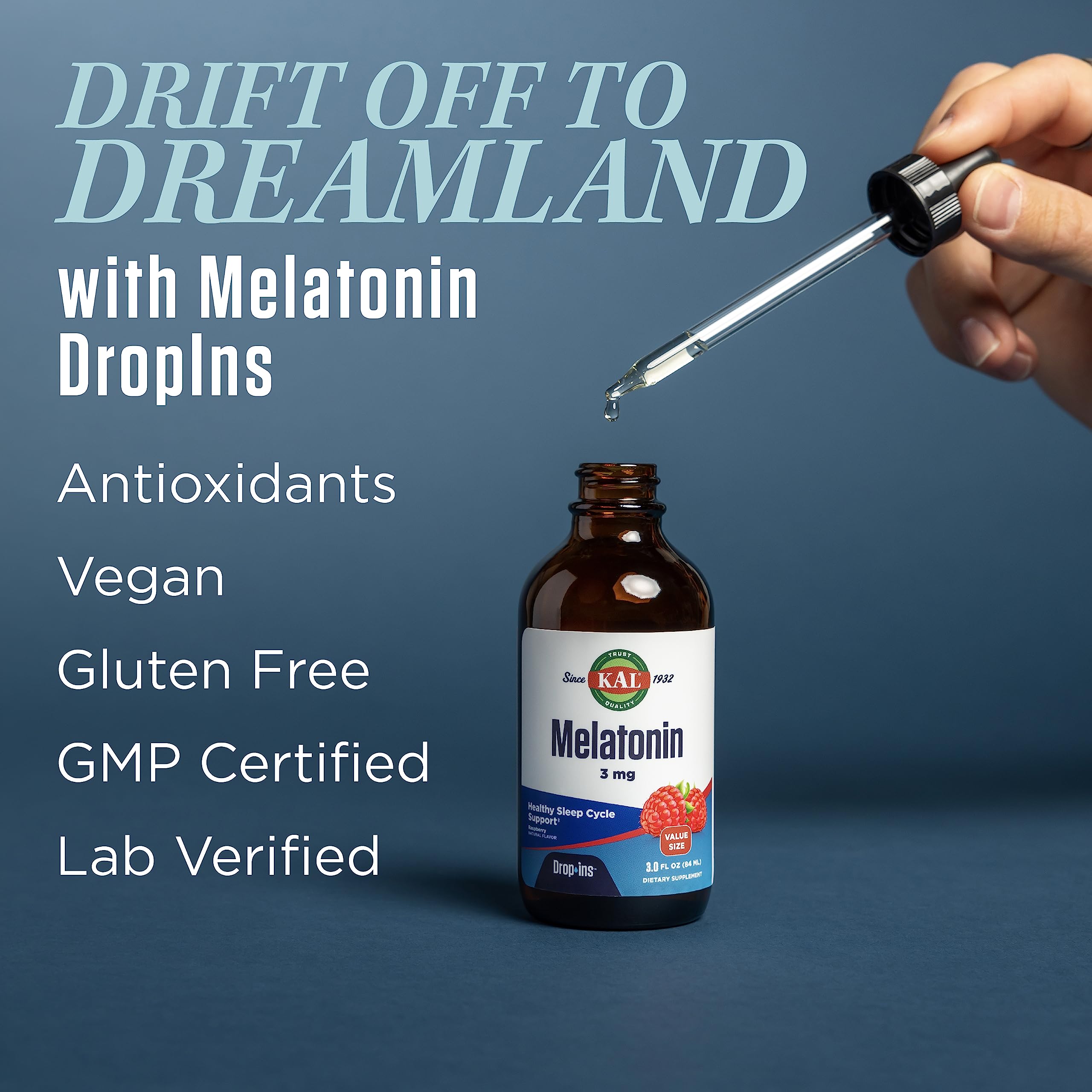 Dropper dispensing melatonin liquid in Raspberry flavor