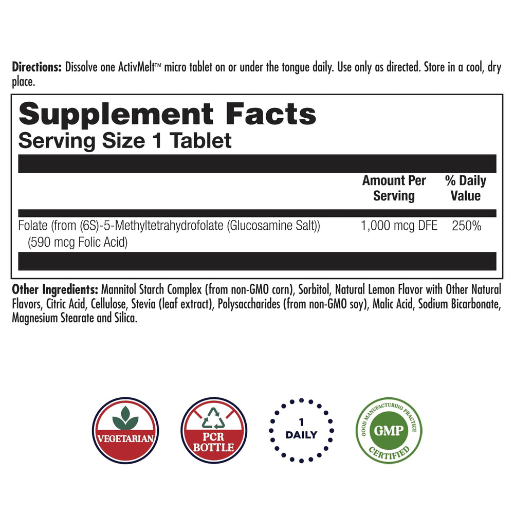 Close-up of bottle label showing 5-MTHF active form