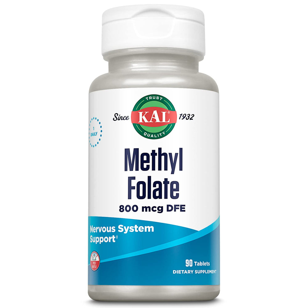 Front view of KAL Methyl Folate 800 mcg DFE (5-MTHF) bottle