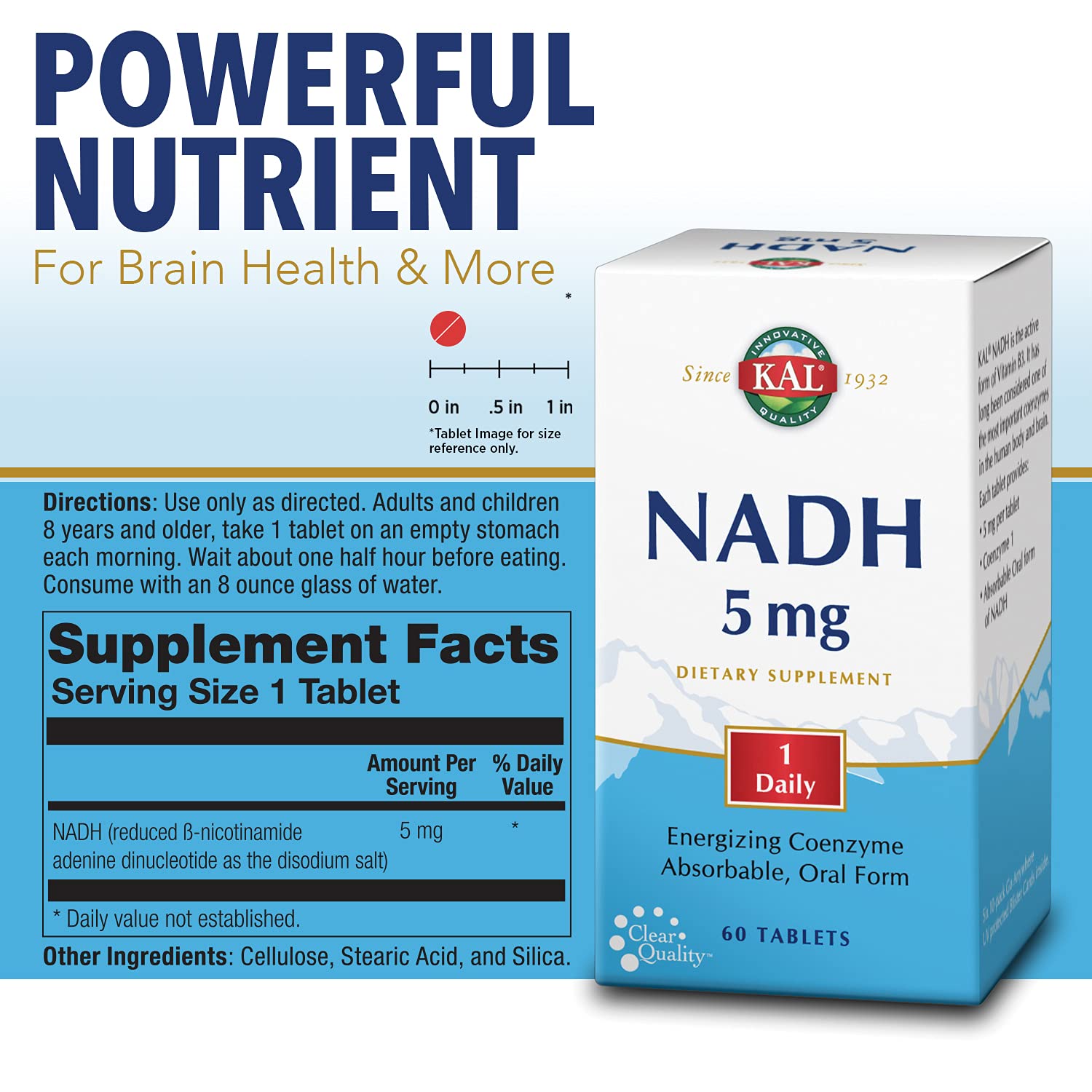 Back label with supplement facts for KAL NADH 5mg 60ct