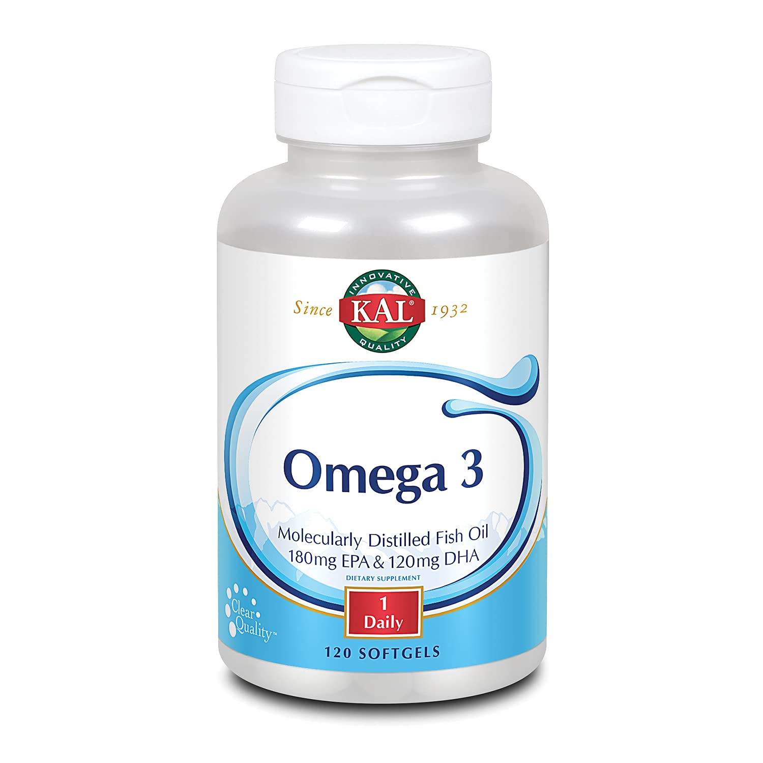KAL Omega 3 bottle with label on white background