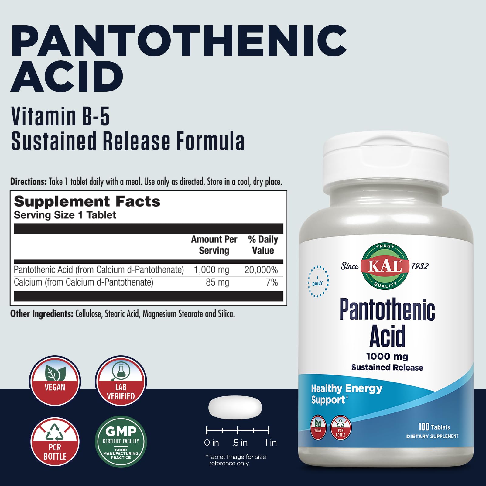 KAL Pantothenic Acid 1000mg bottle close-up label details