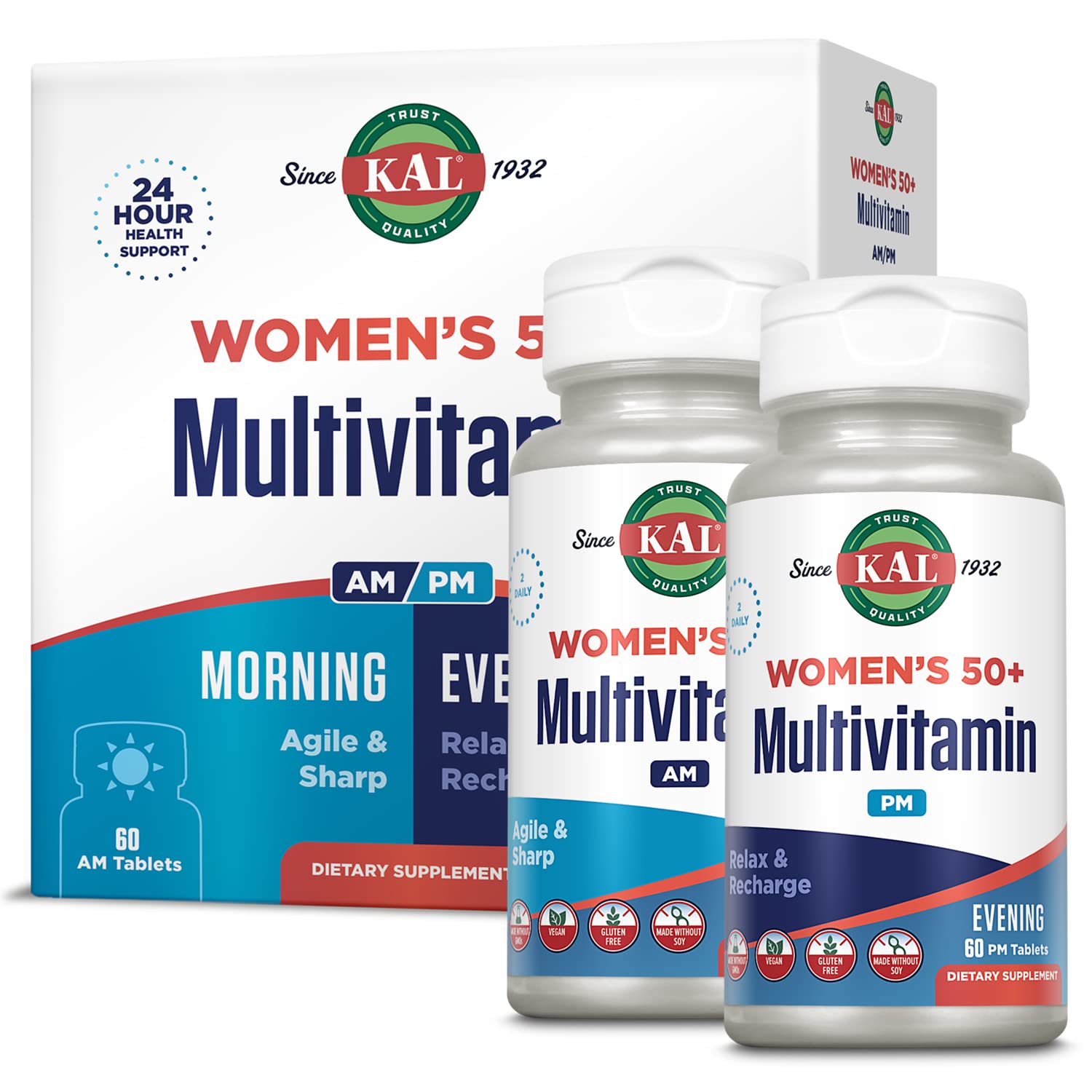 KAL Plus 50+ AM/PM multivitamin bottle and tablets