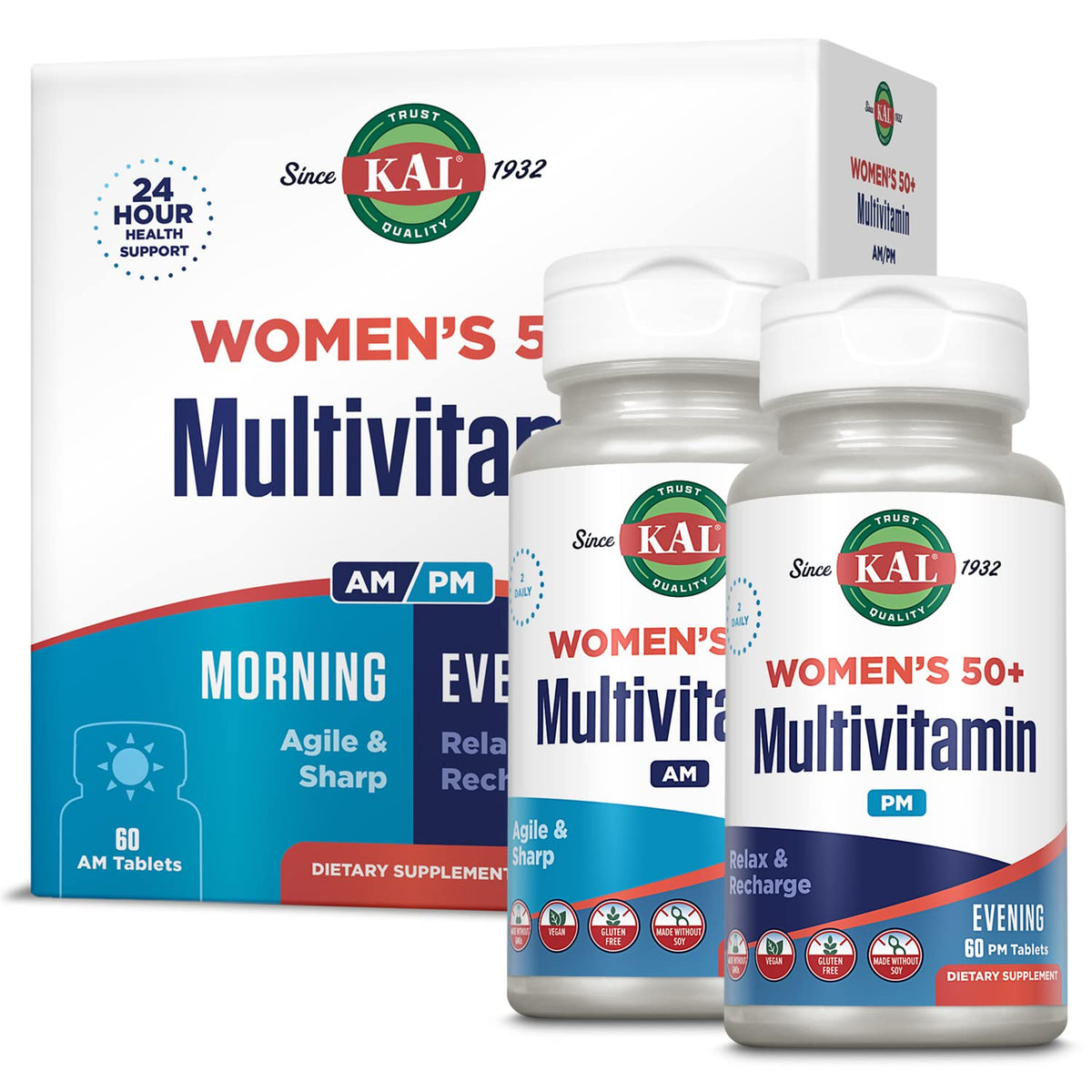 KAL Plus 50+ AM/PM multivitamin bottle and tablets