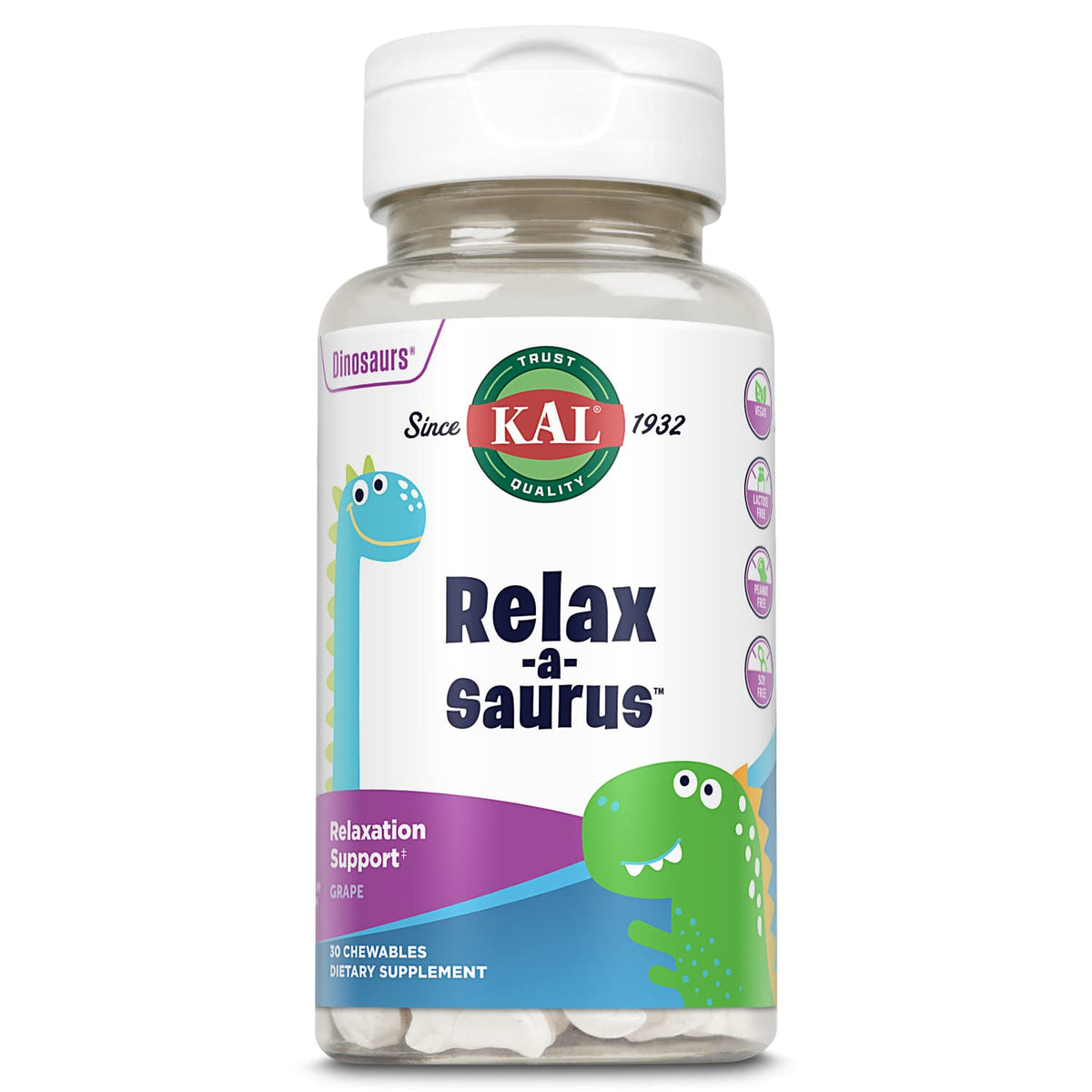 Front label of KAL Relax-a-Saurus stress relief for kids
