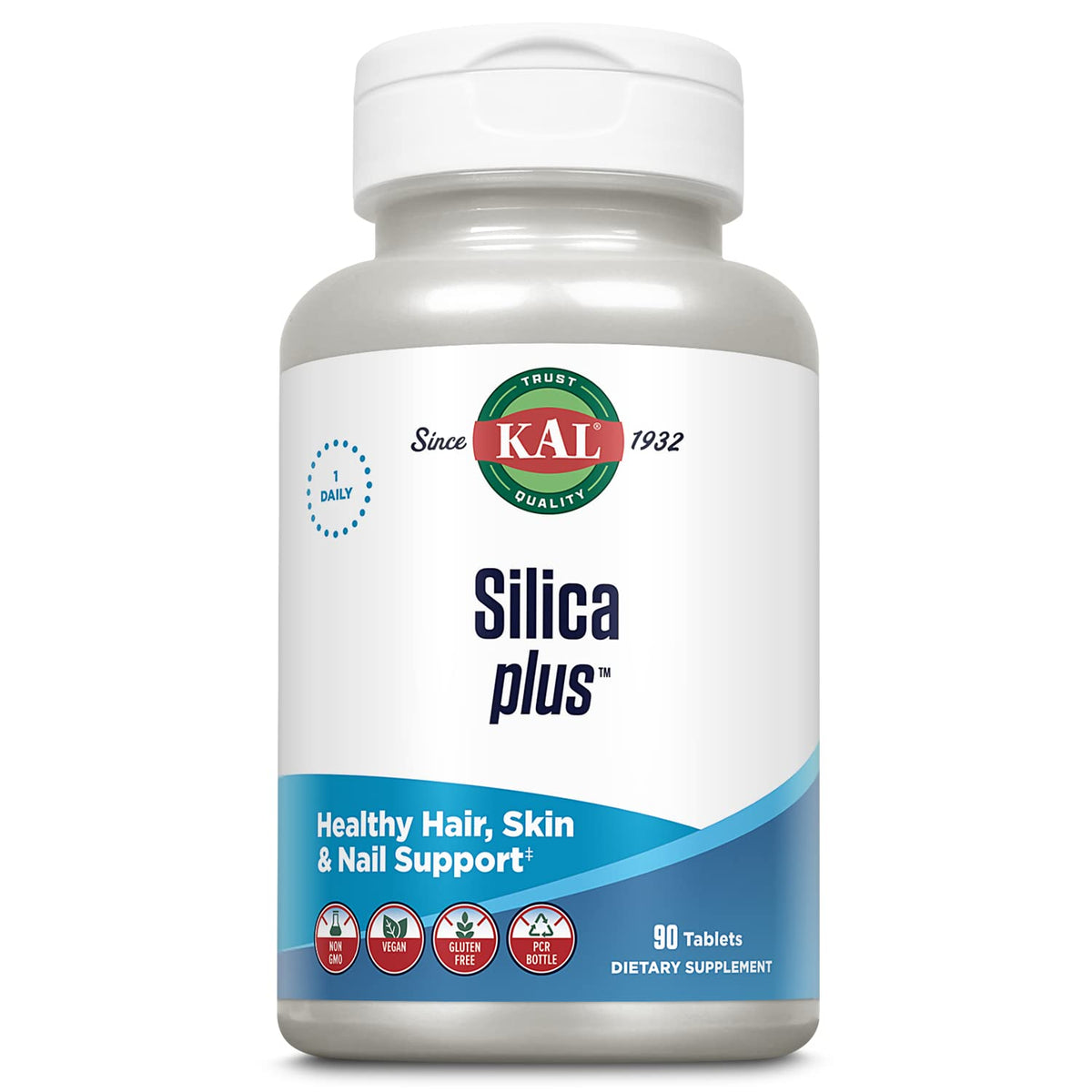 KAL Silica Plus bottle showing 90 servings with vegan and gluten-free labels