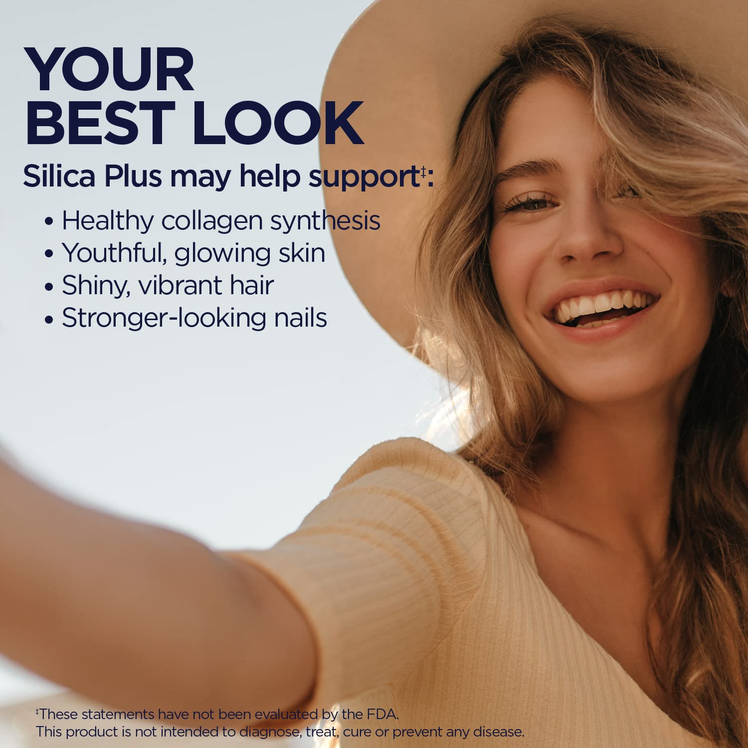 Vegan and gluten-free certification icons on KAL Silica Plus bottle