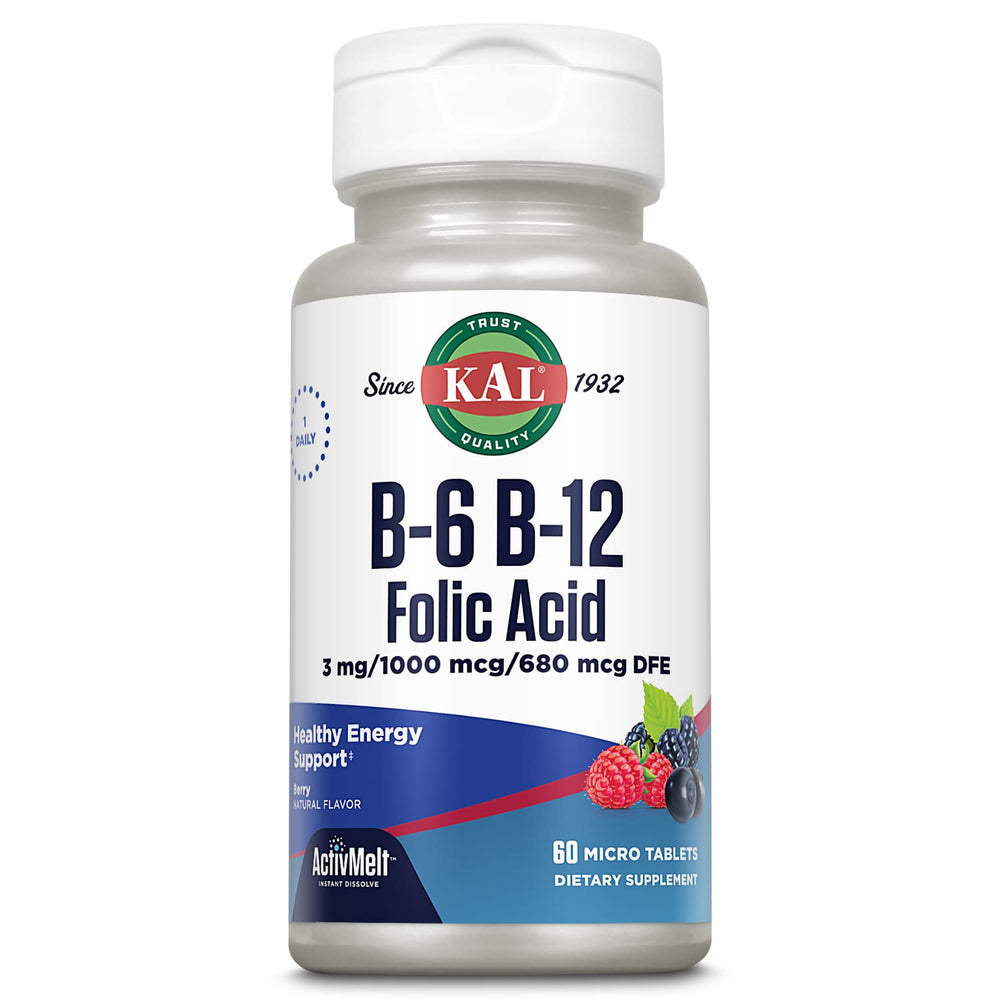 Berry-flavored bottle of KAL Vitamin B6, B12 & Folic Acid supplement