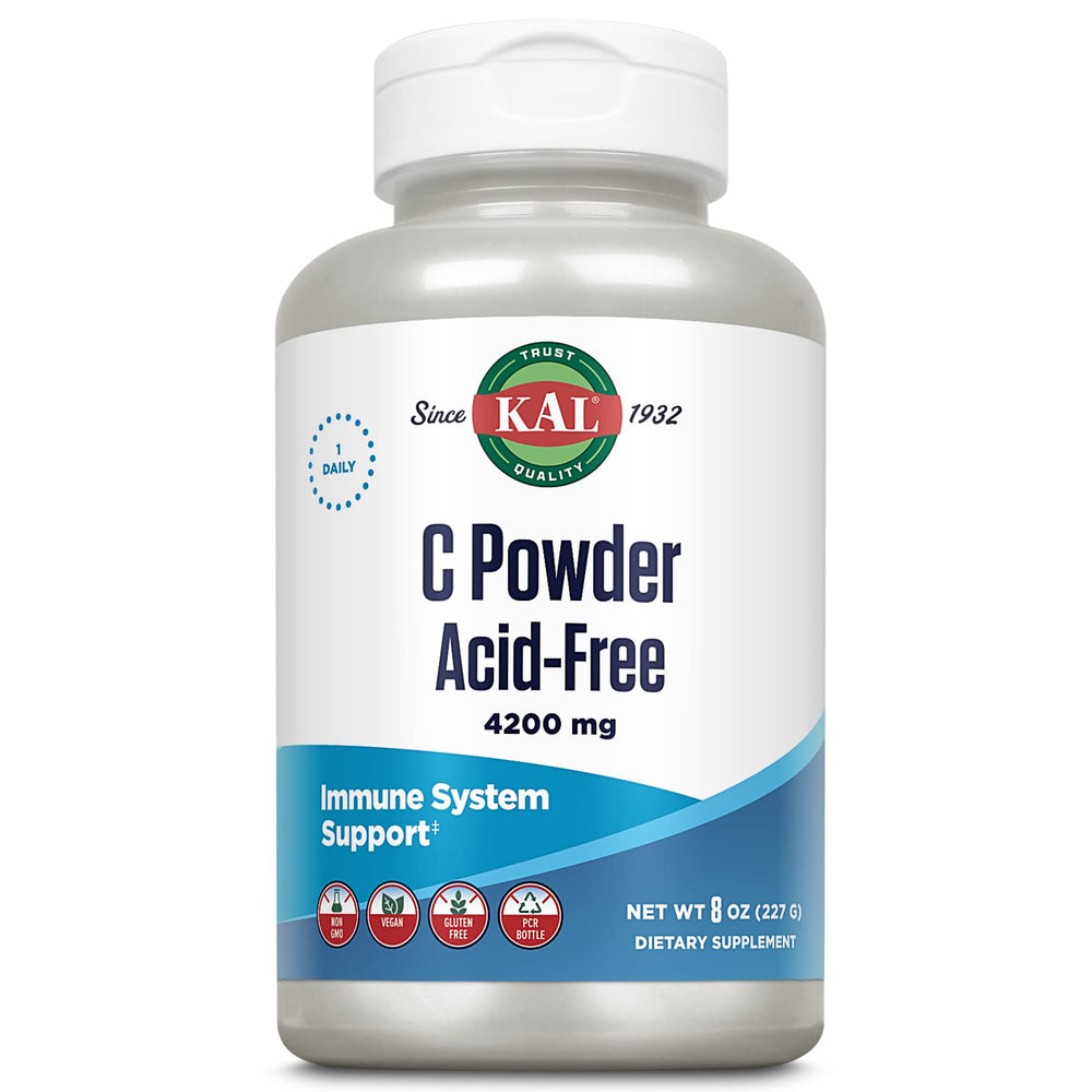 KAL Vitamin C Powder Acid-Free Unflavored Tablets bottle, 8 oz - front view