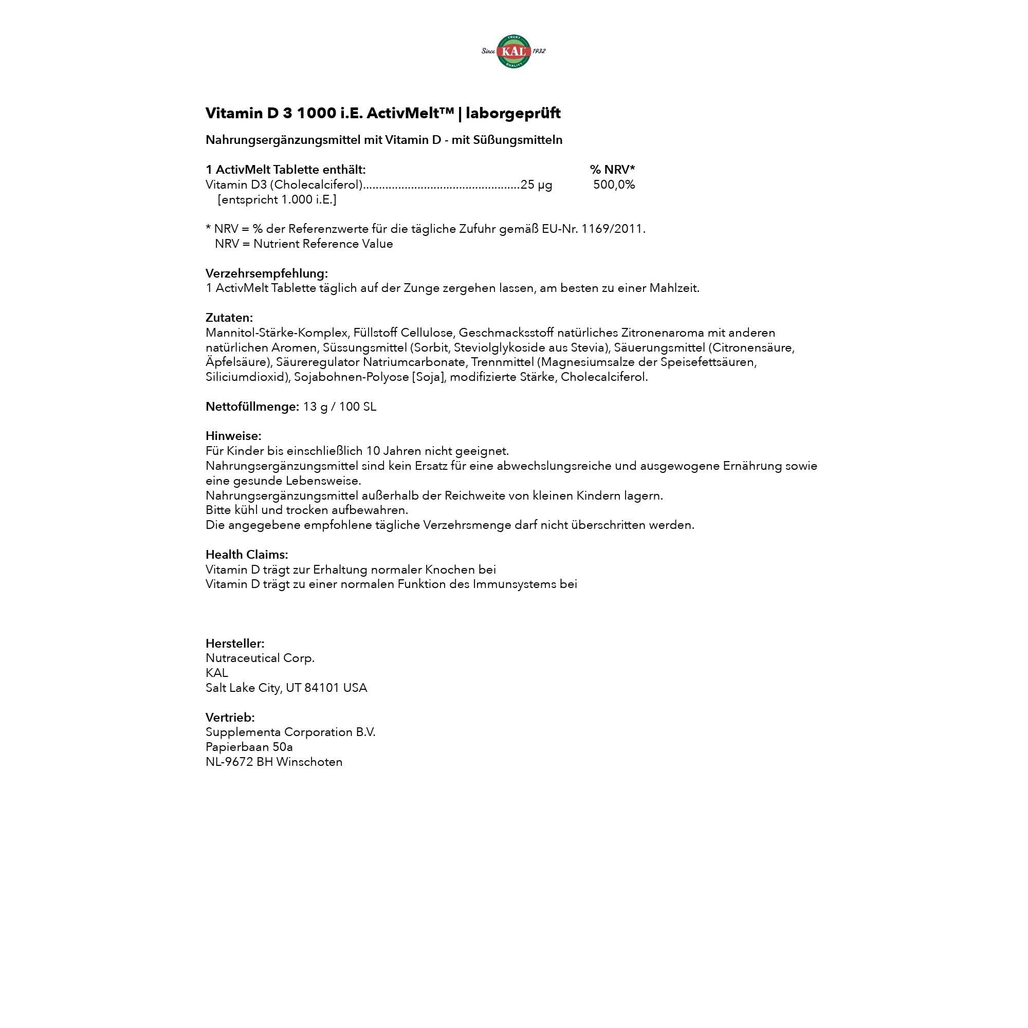 KAL Vitamin D-3 1000 IU ActivMelt lemon micro tablets close-up