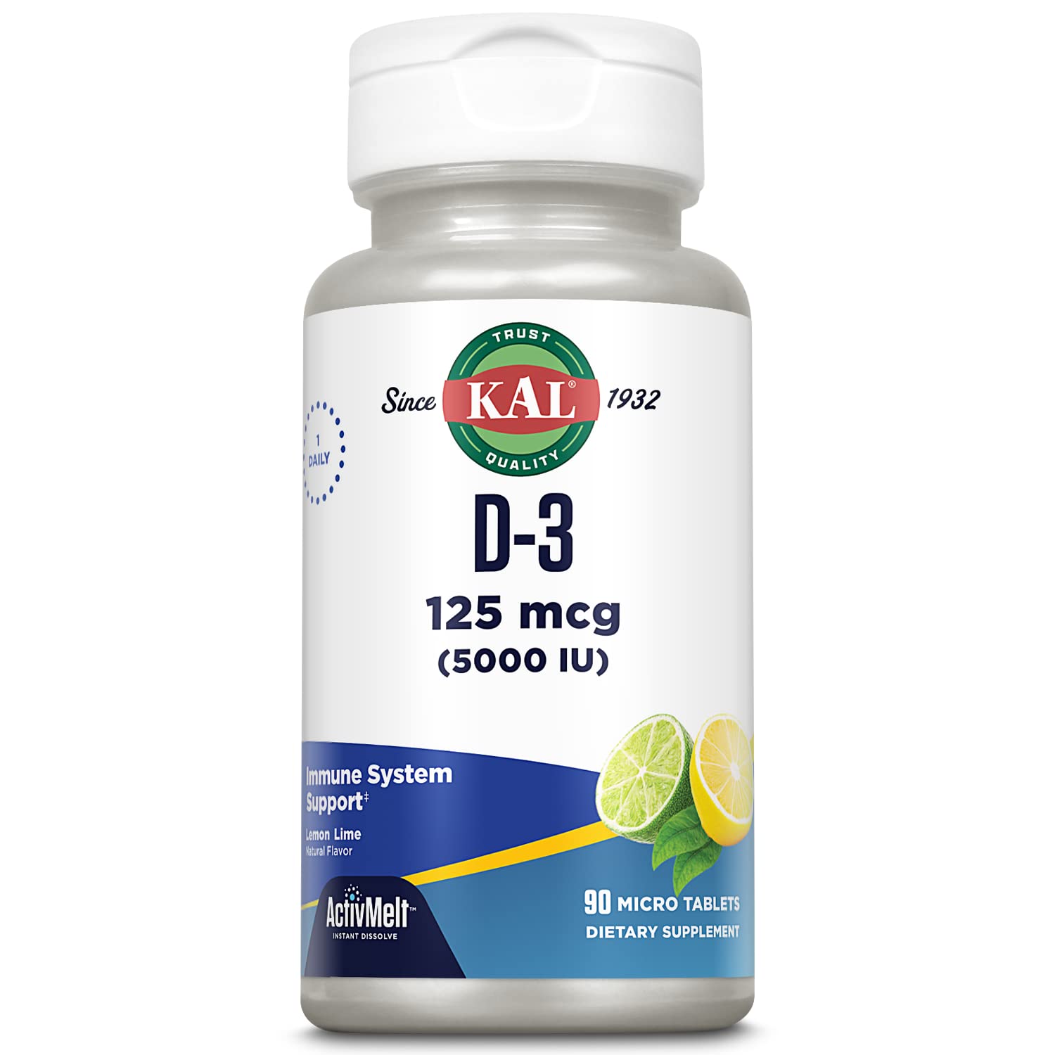 KAL Vitamin D-3 5000 IU ActivMelt bottle with lemon lime flavor label