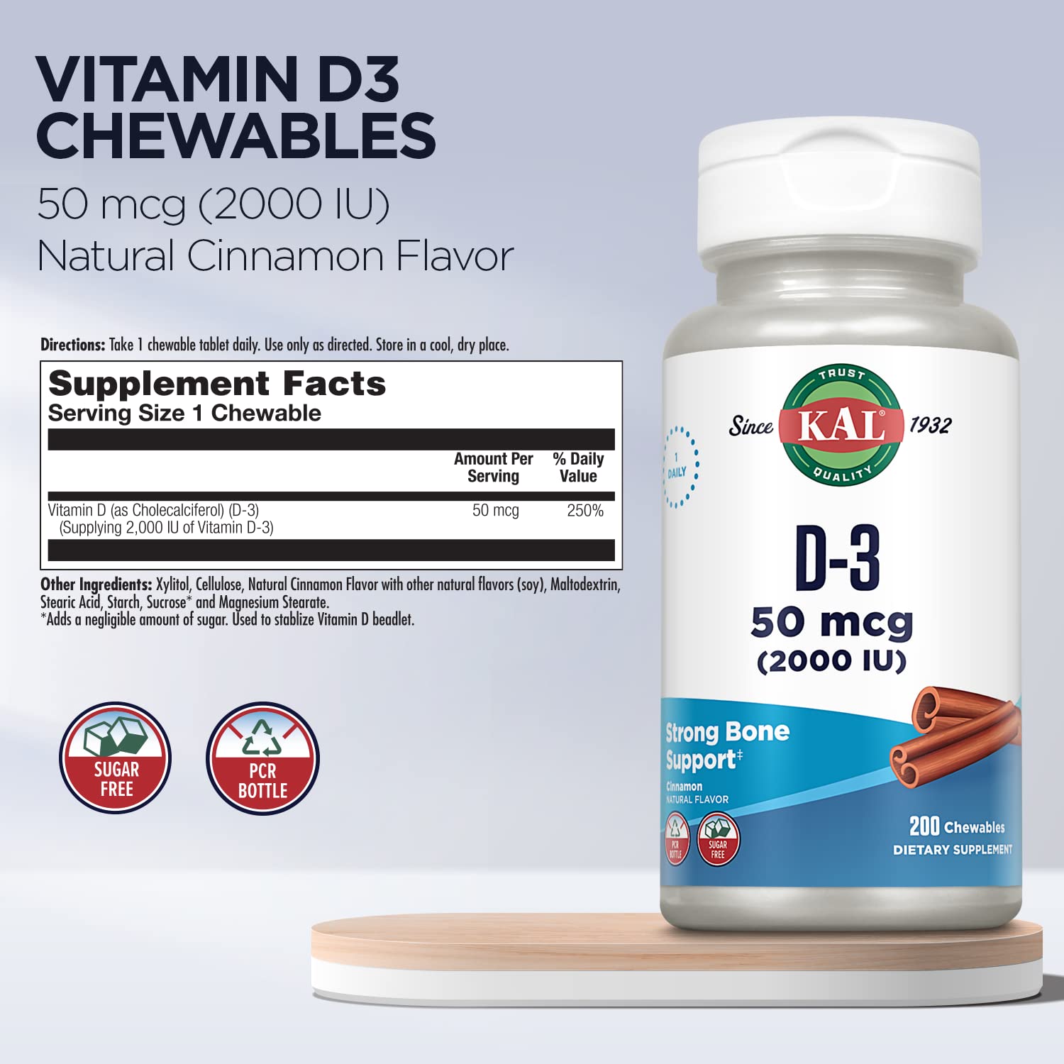Nutrition facts label for KAL Vitamin D3 Chewables (2000 IU per chewable).