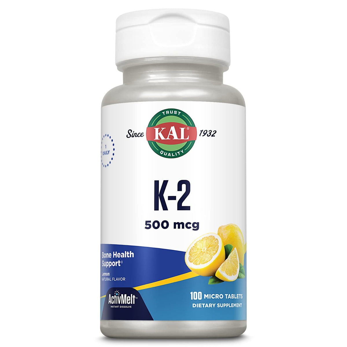 KAL Vitamin K2 500 mcg MK4 ActivMelt Lemon bottle front view