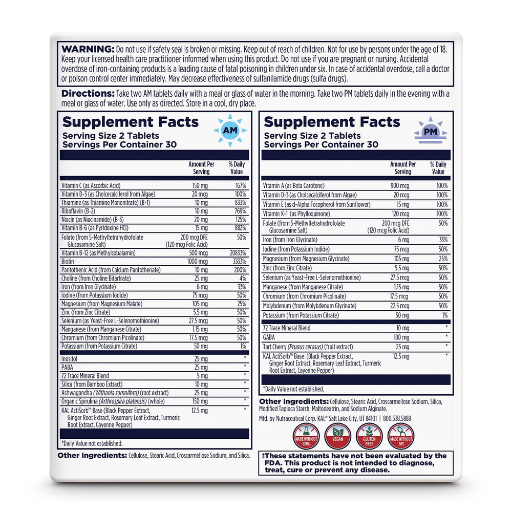 Back label with supplement facts for KAL AM/PM multivitamin