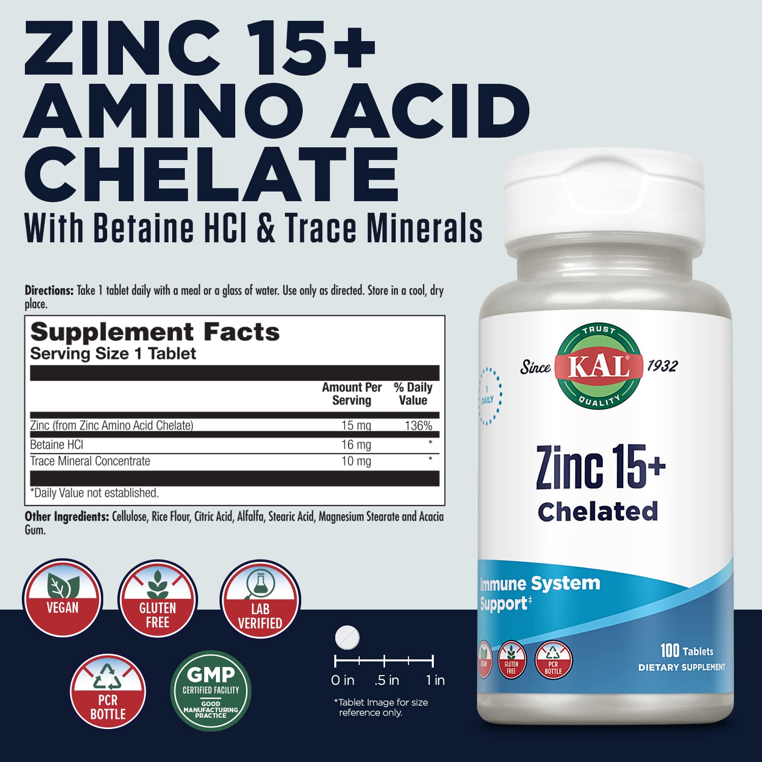 Close-up of KAL Zinc 15+ label and supplement facts