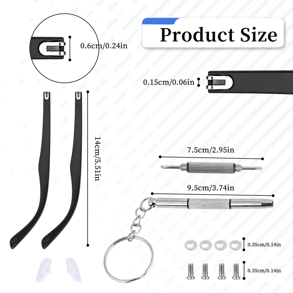 Temple arms with connectors and replacement screws